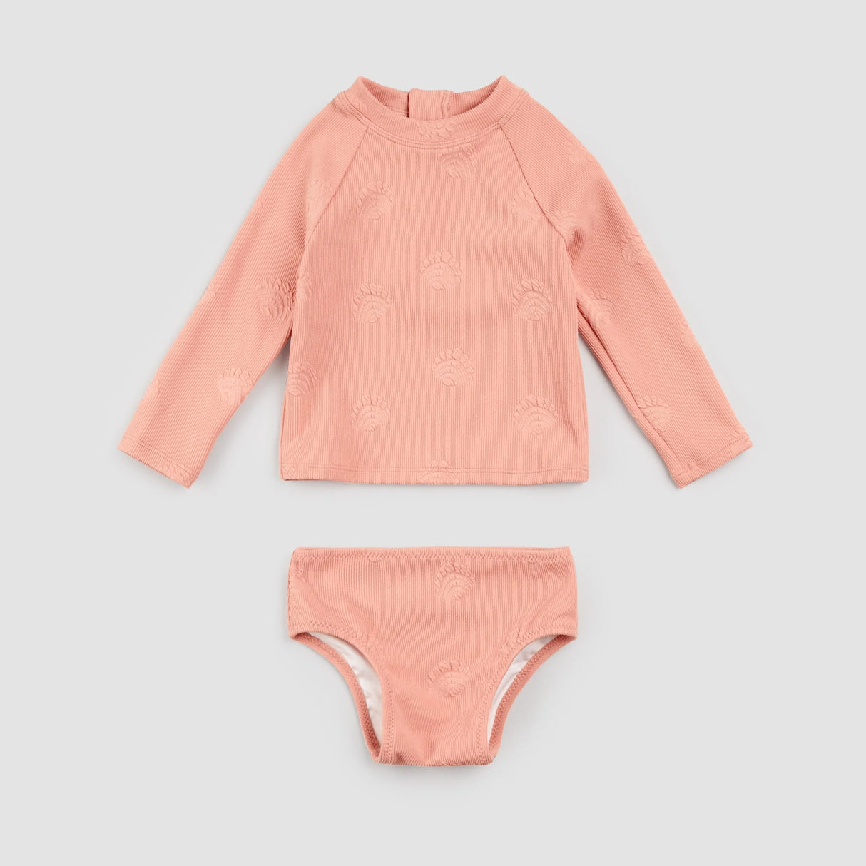 Embossed Seashell Print on Ribbed Coral Long-Sleeve Rashguard Swim Set | Petit Lem