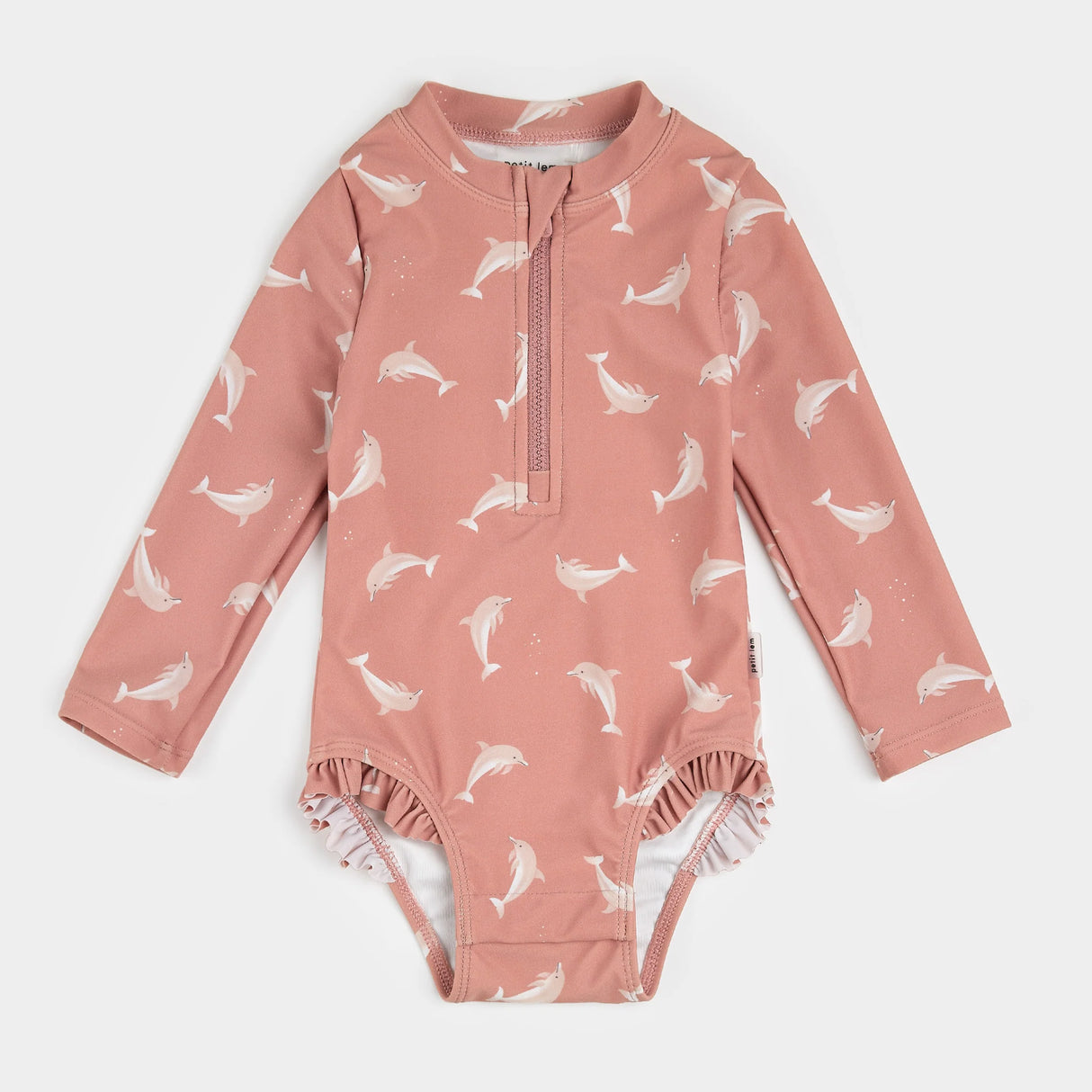 Dolphin Print on Wild Rose Long-Sleeve One-Piece Swimsuit| Petit Lem