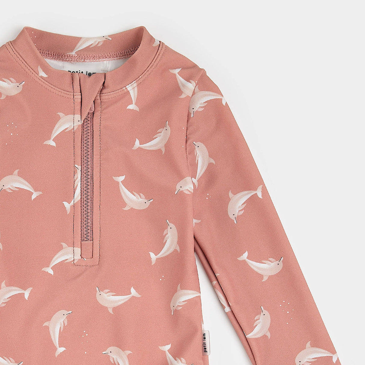 Dolphin Print on Wild Rose Long-Sleeve One-Piece Swimsuit| Petit Lem