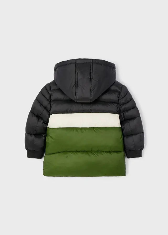 Back view of kids quilted jacket in color-block green/black with hood.