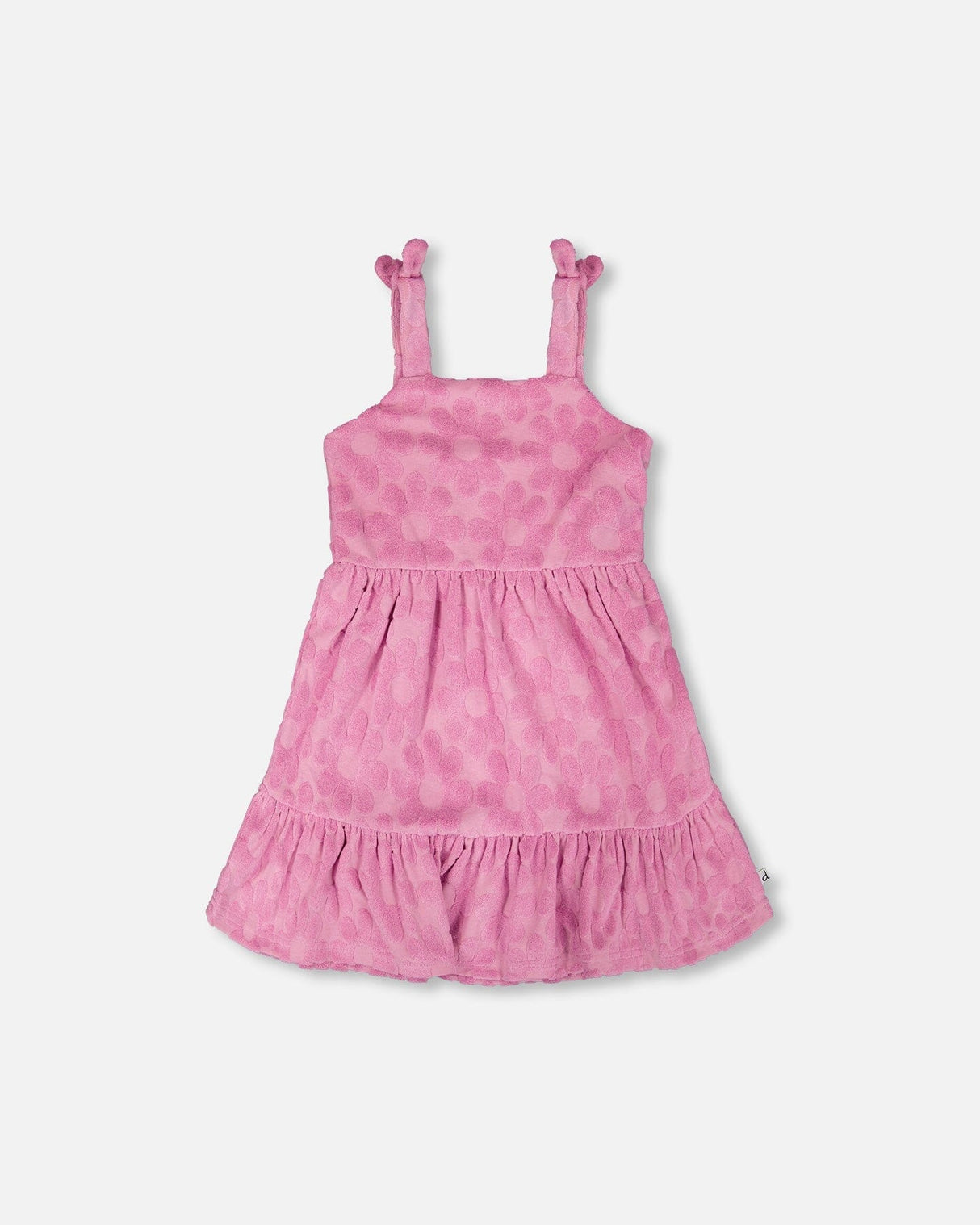 Front flat lay of pink Deux par Deux girl beach cover-up dress with tiered skirt