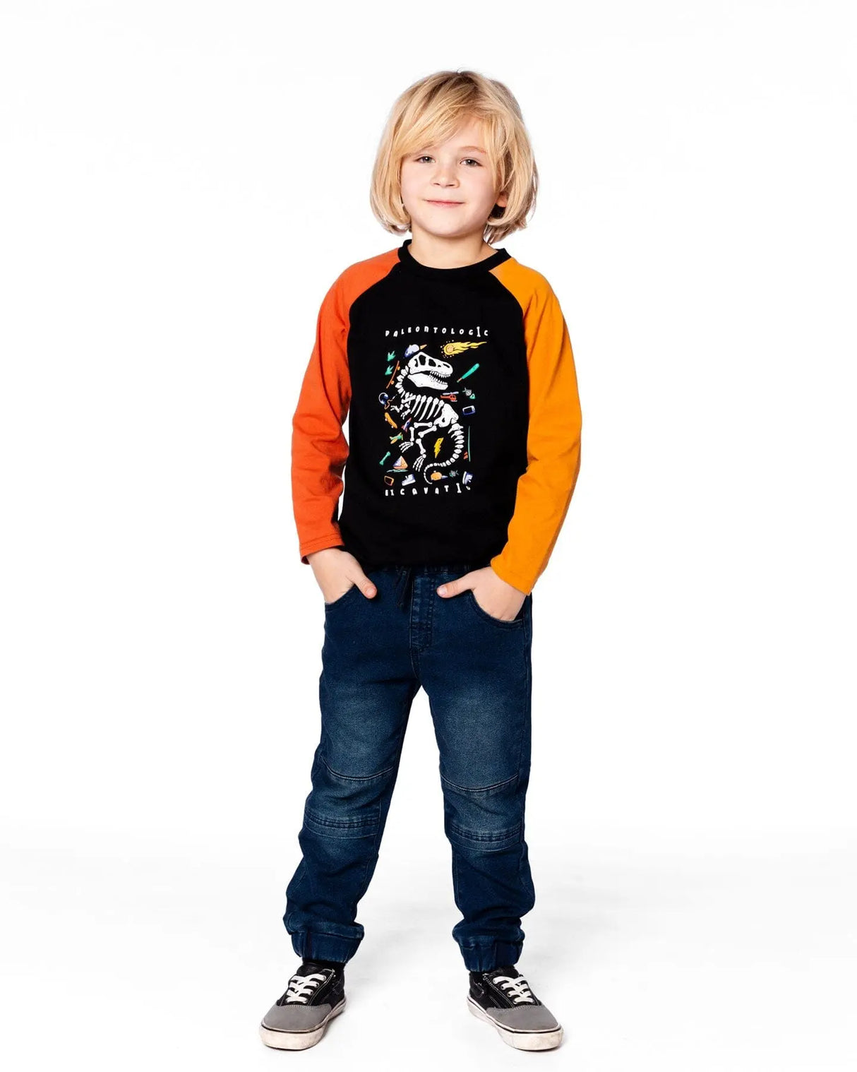 Black Long Sleeve Raglan T-Shirt With Glow-In-The-Dark Dinosaur Print | Deux par Deux | Jenni Kidz