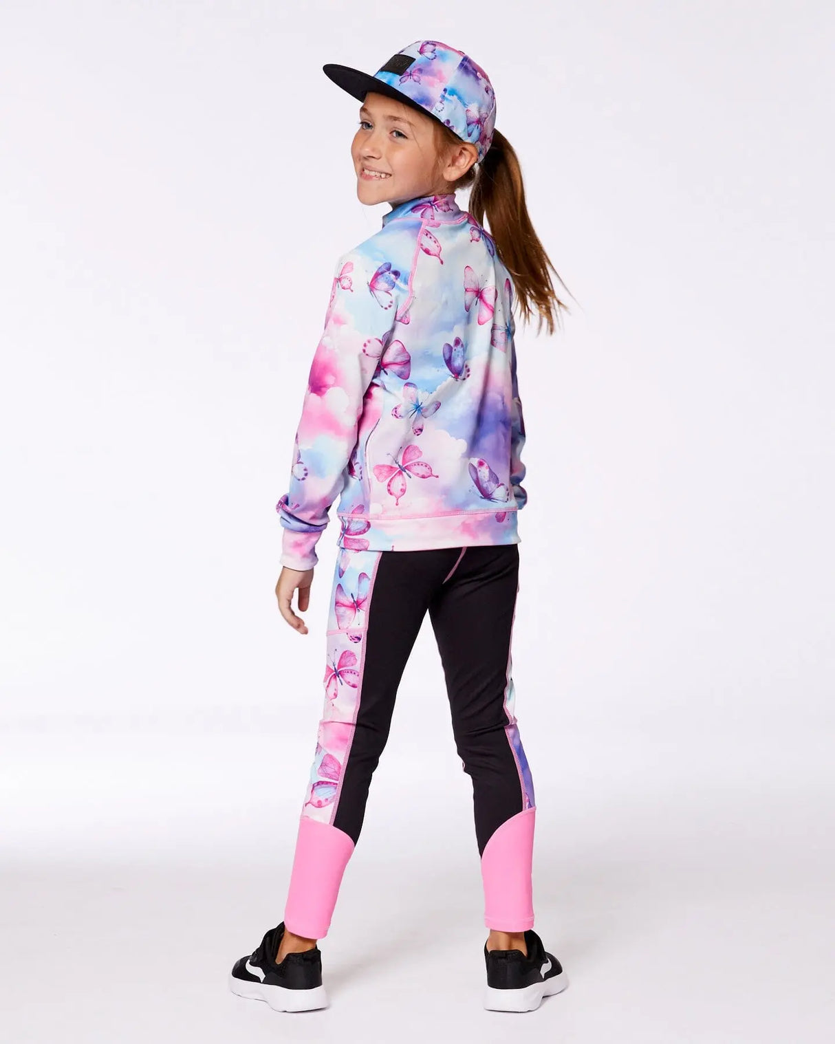 Colorblock Athletic Leggings Black And Multicolored Butterflies | Deux par Deux | Jenni Kidz