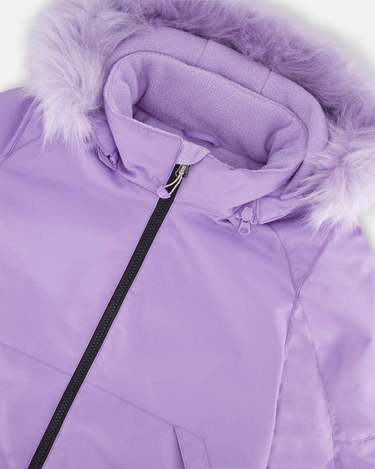 Detachable helmet-friendly hood with faux-fur trim, lavender girls snowsuit