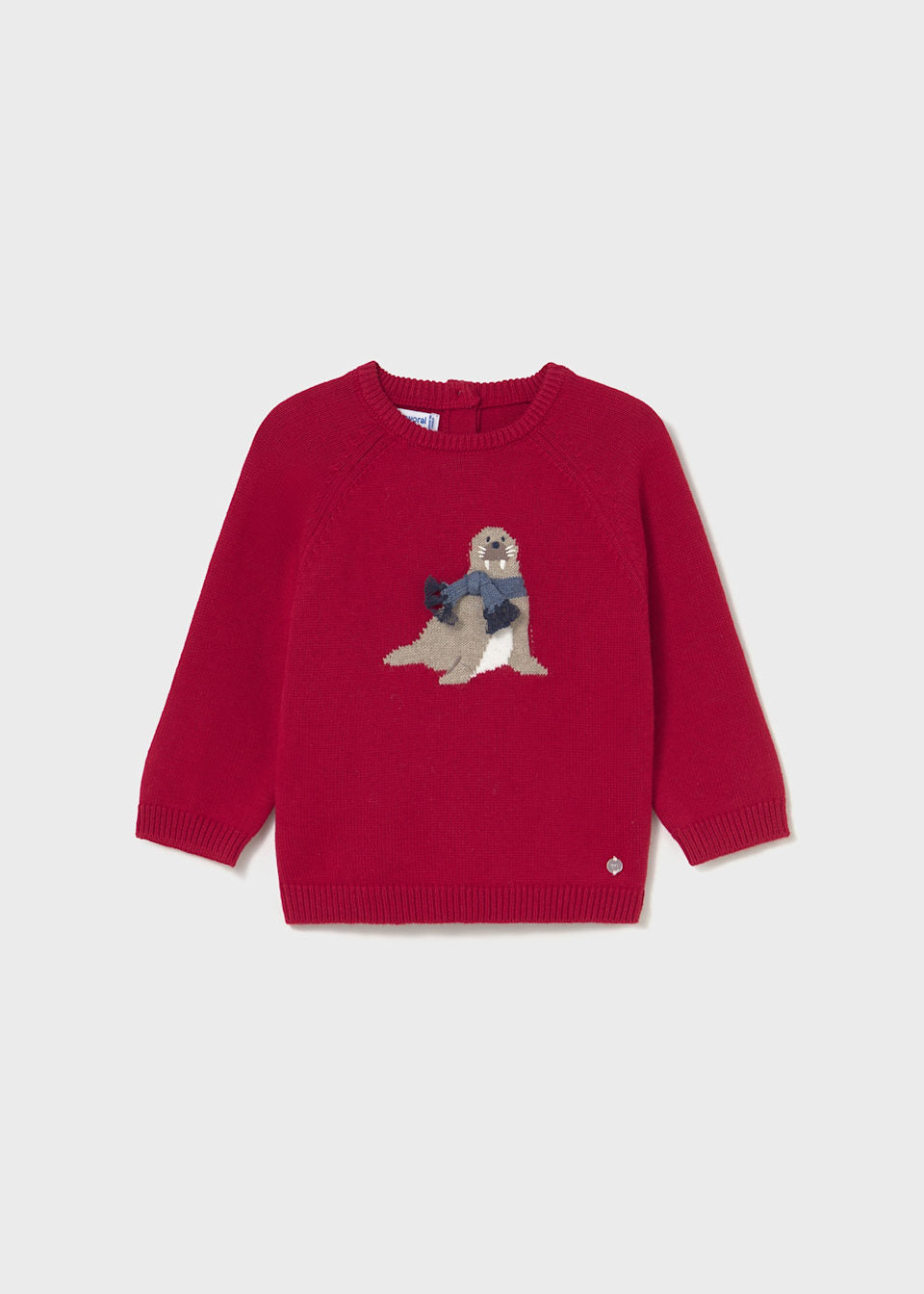 Flat lay front view of Mayoral baby unisex animal intarsia sweater