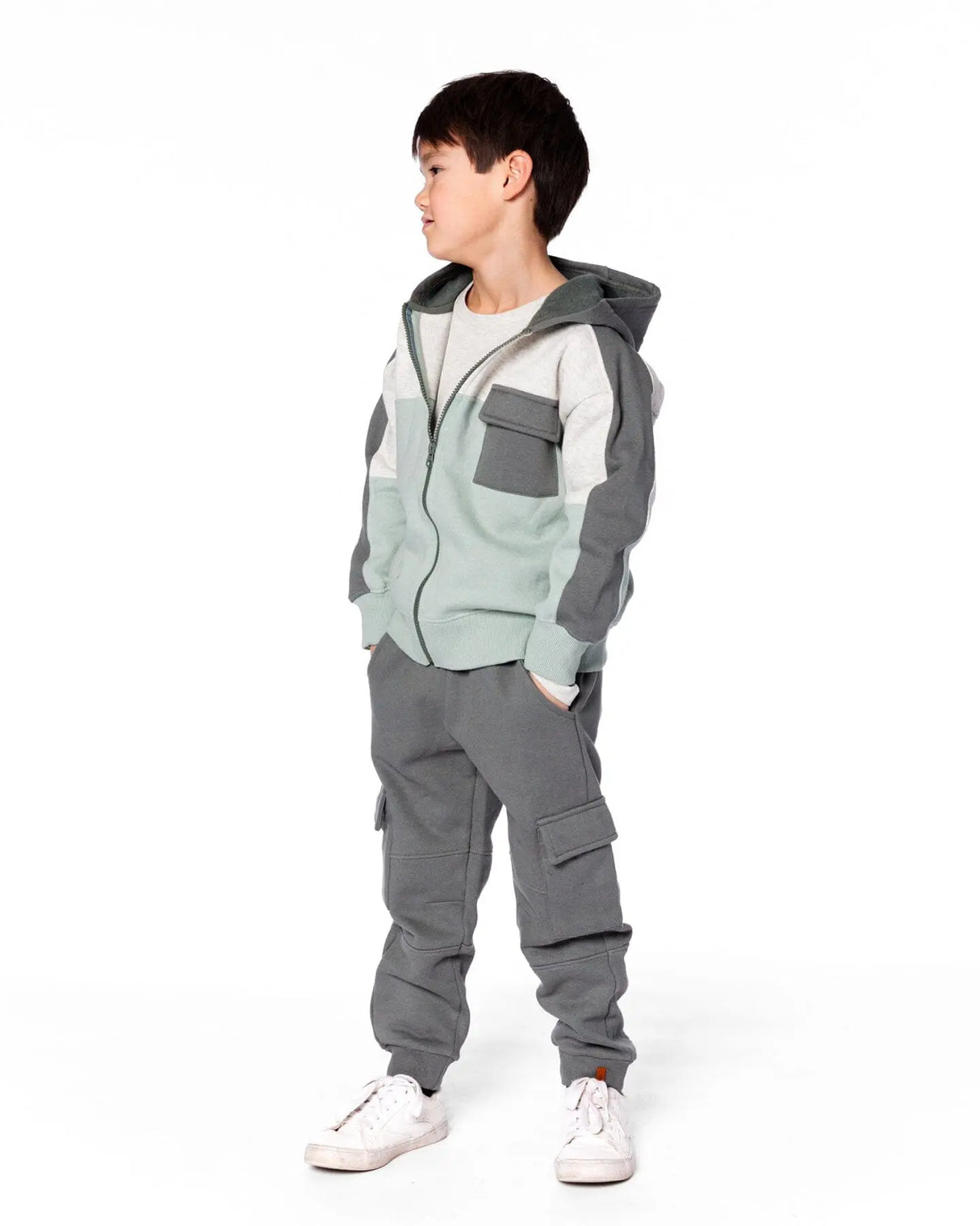 Fleece Sweatpants With Cargo Pockets Gray Green | Deux par Deux | Jenni Kidz