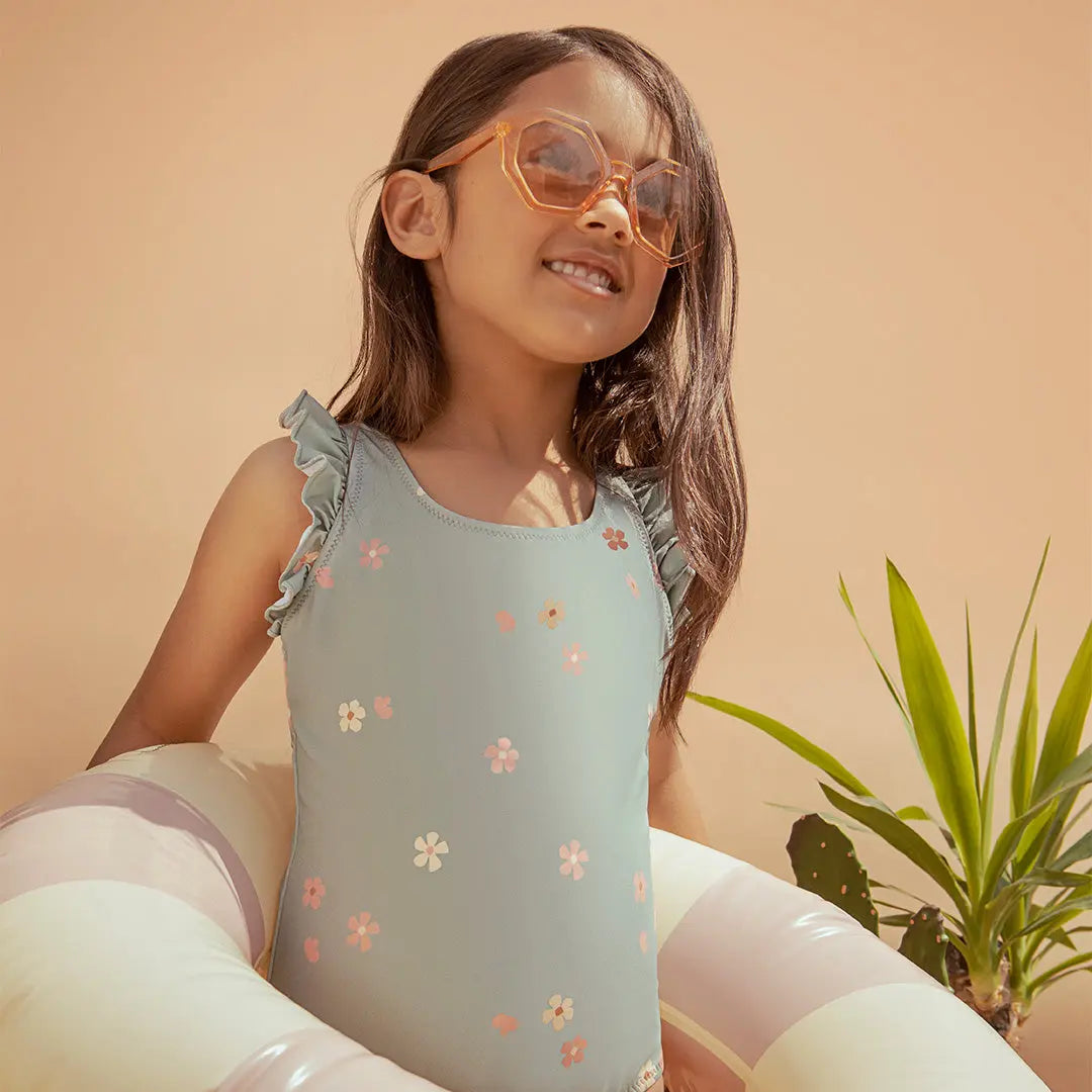 Floral Print on Dusty Green One-Piece Baby & Toddler Girls Swimsuit | Petit Lem | Miles The Label | Jenni Kidz