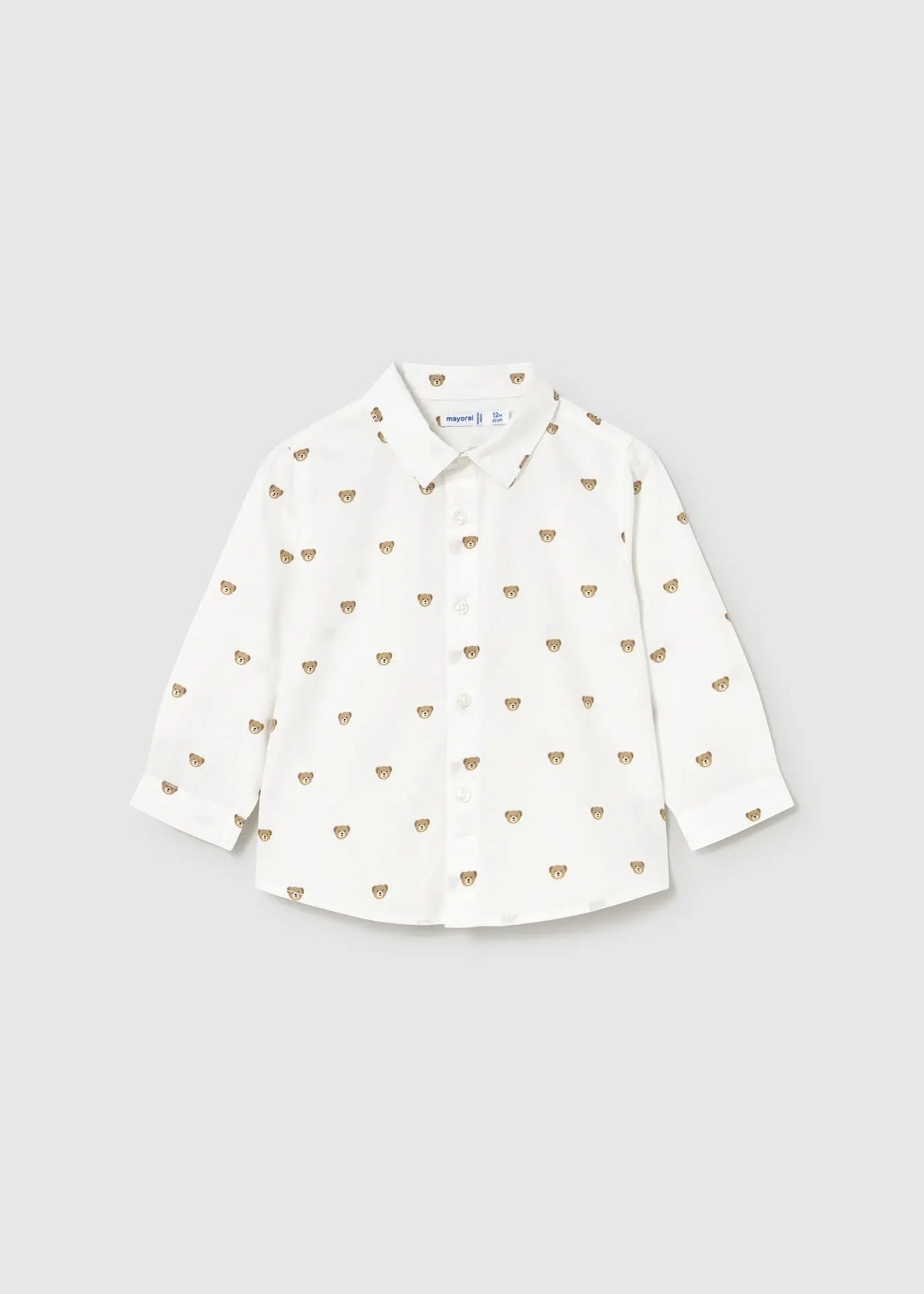 Front flat lay of Mayoral baby printed long-sleeve shirt with collar and button placket