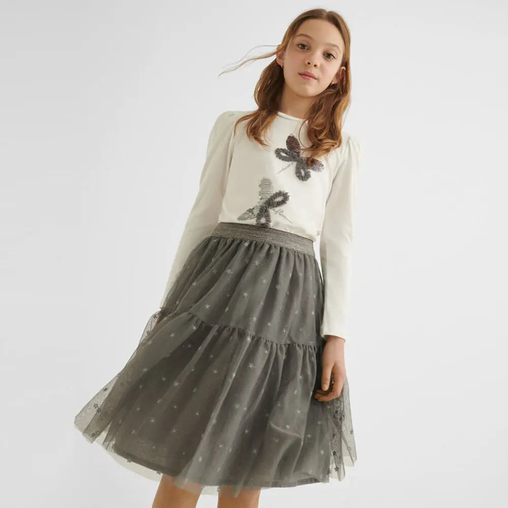 Girls Grey Flower Tulle Skirt | Mayoral | Mayoral | Jenni Kidz