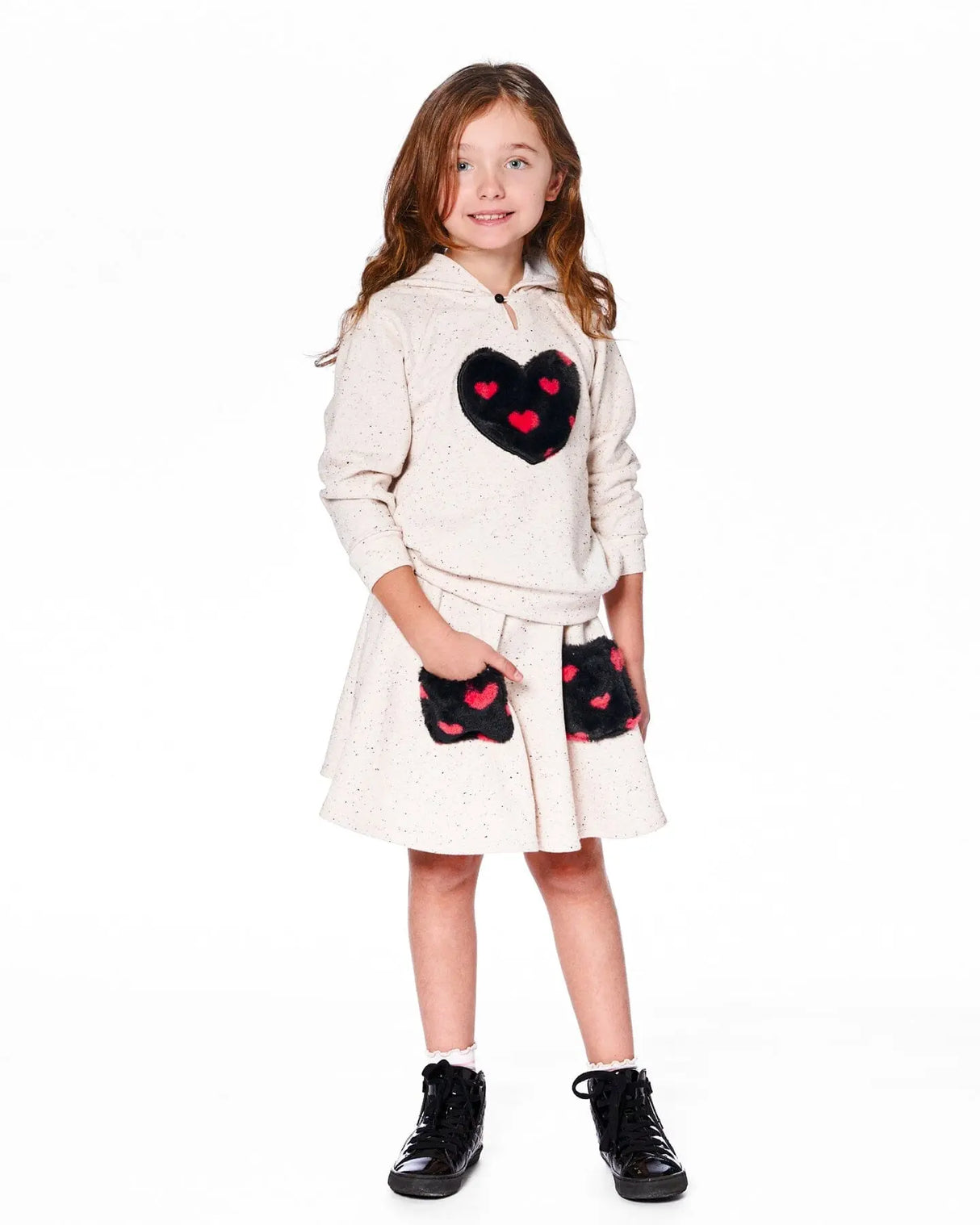 Glittering Beige French Terry Hoodie With Heart Applique | Deux par Deux | Jenni Kidz