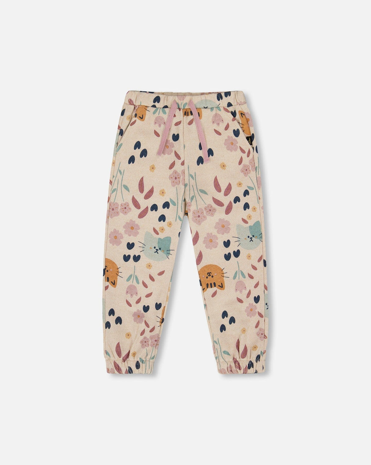 Glittering French Terry Sweatpant Beige Cat Print-0