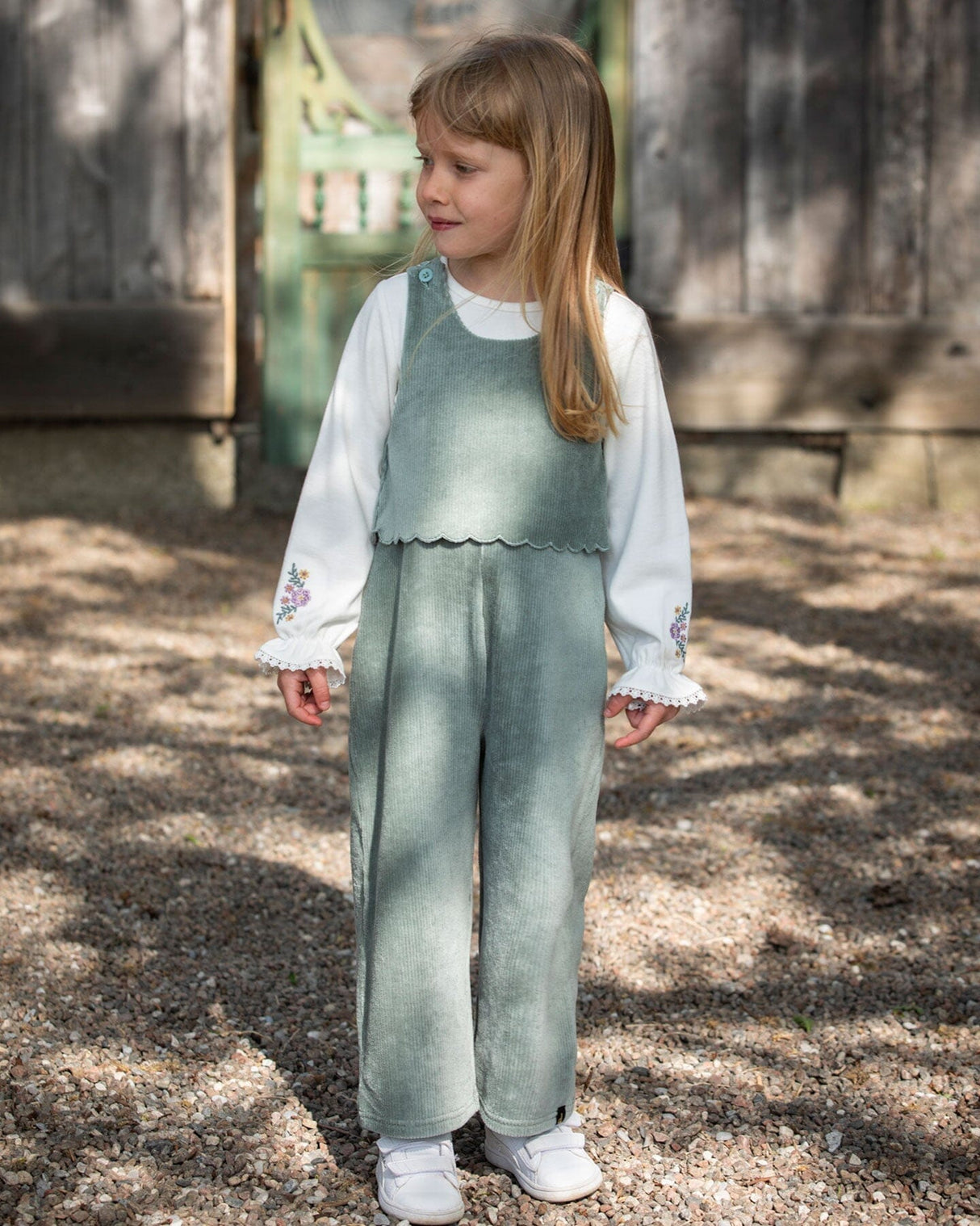 Stretch Velour Faux-Layered Overalls Jade Green-1