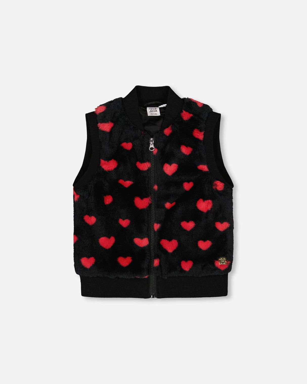 Faux Fur Sleeveless Vest Black And Red With Hearts-0