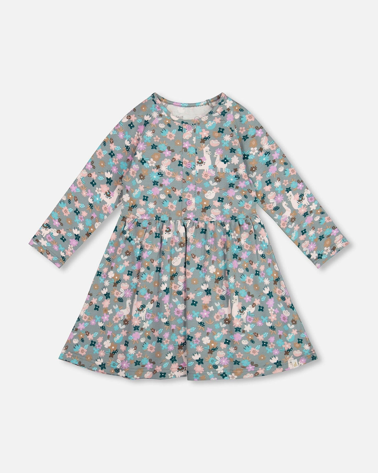 Half Button Organic Cotton Dress Blue Llama Print-0