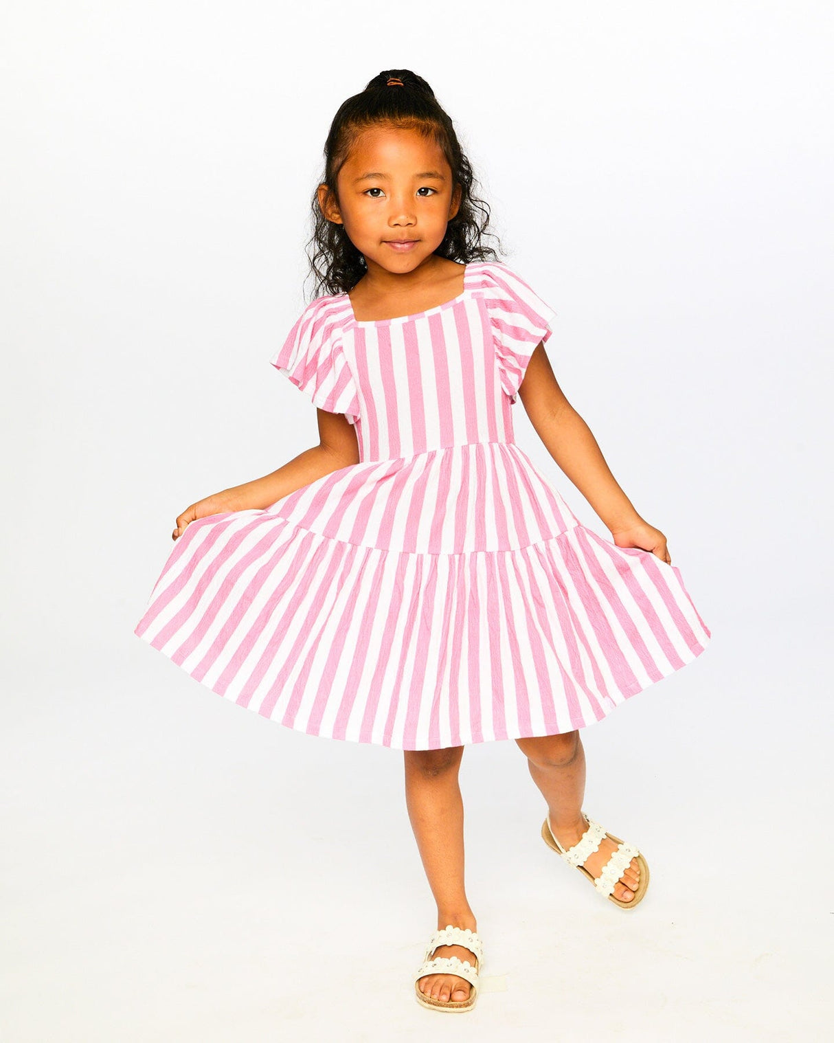Crinkle Jersey Dress White And Pink Stripes-1
