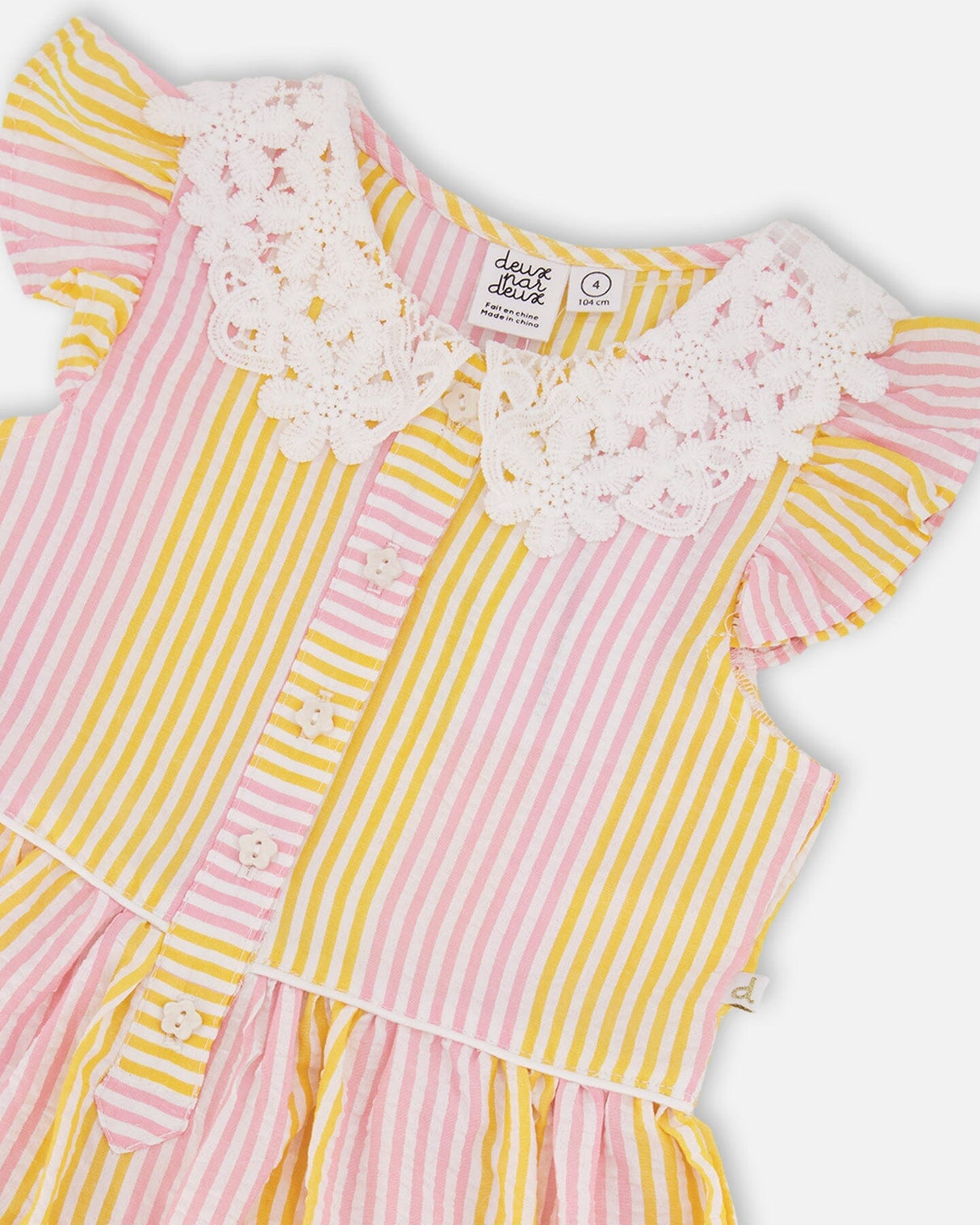 Sleeveless Dress With Crochet Peter Pan Collar Pink And Yellow Stripes-2