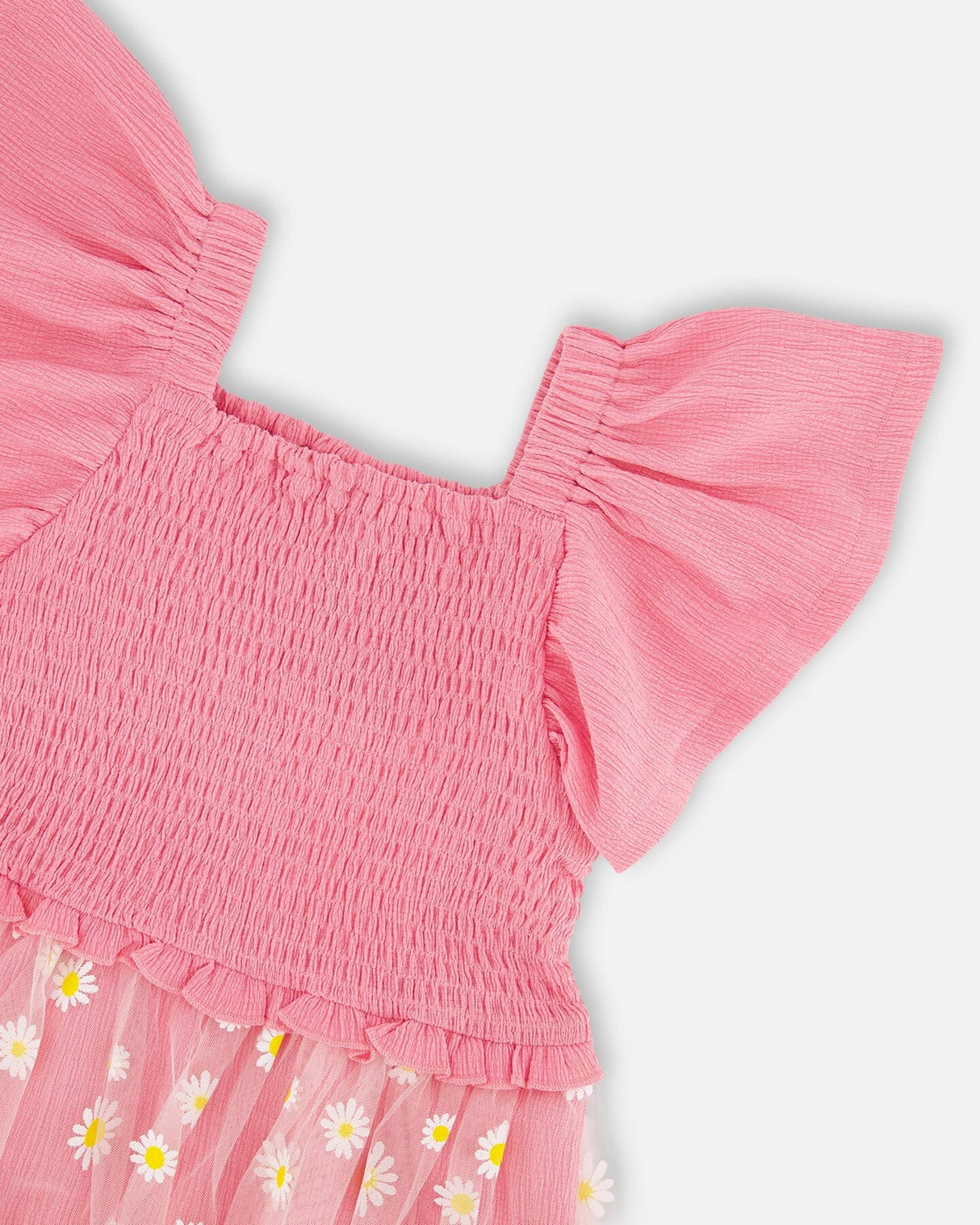 Mesh And Crinkle Jersey Dress With Smocking Pink-3