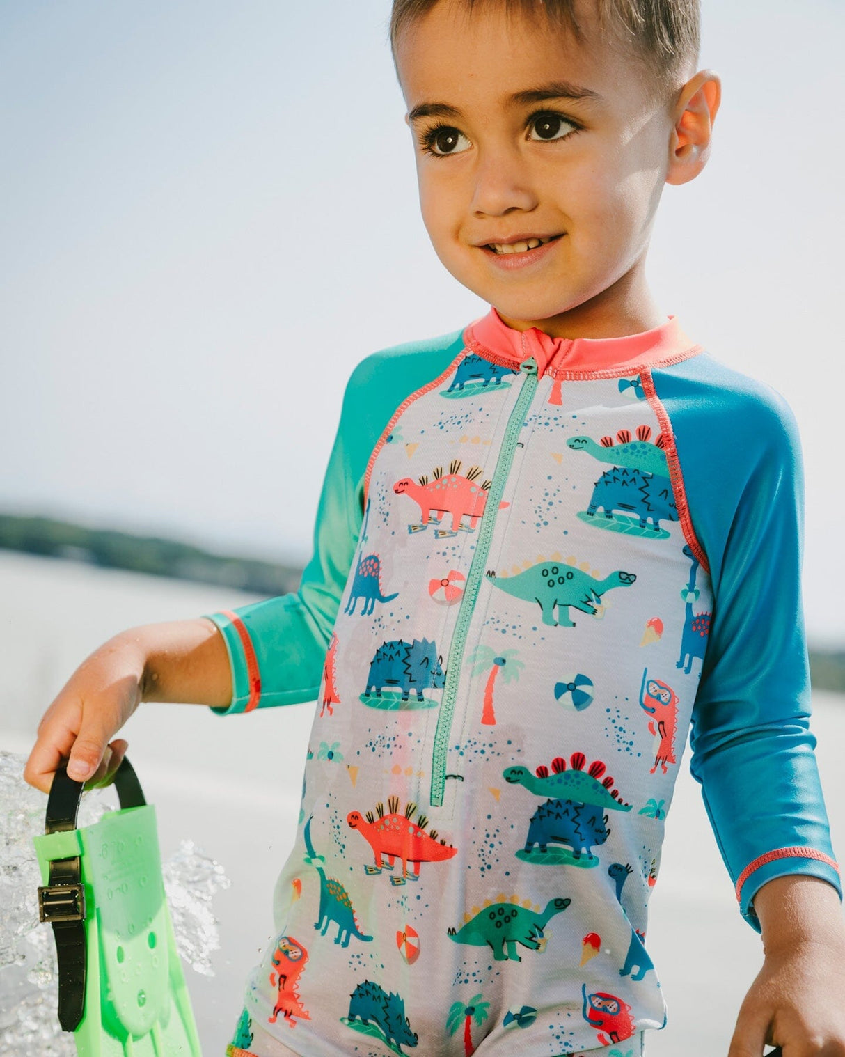 Baby And Toddler One-Piece Long Sleeve Rashguard Grey Baby Dinosaur Print-1