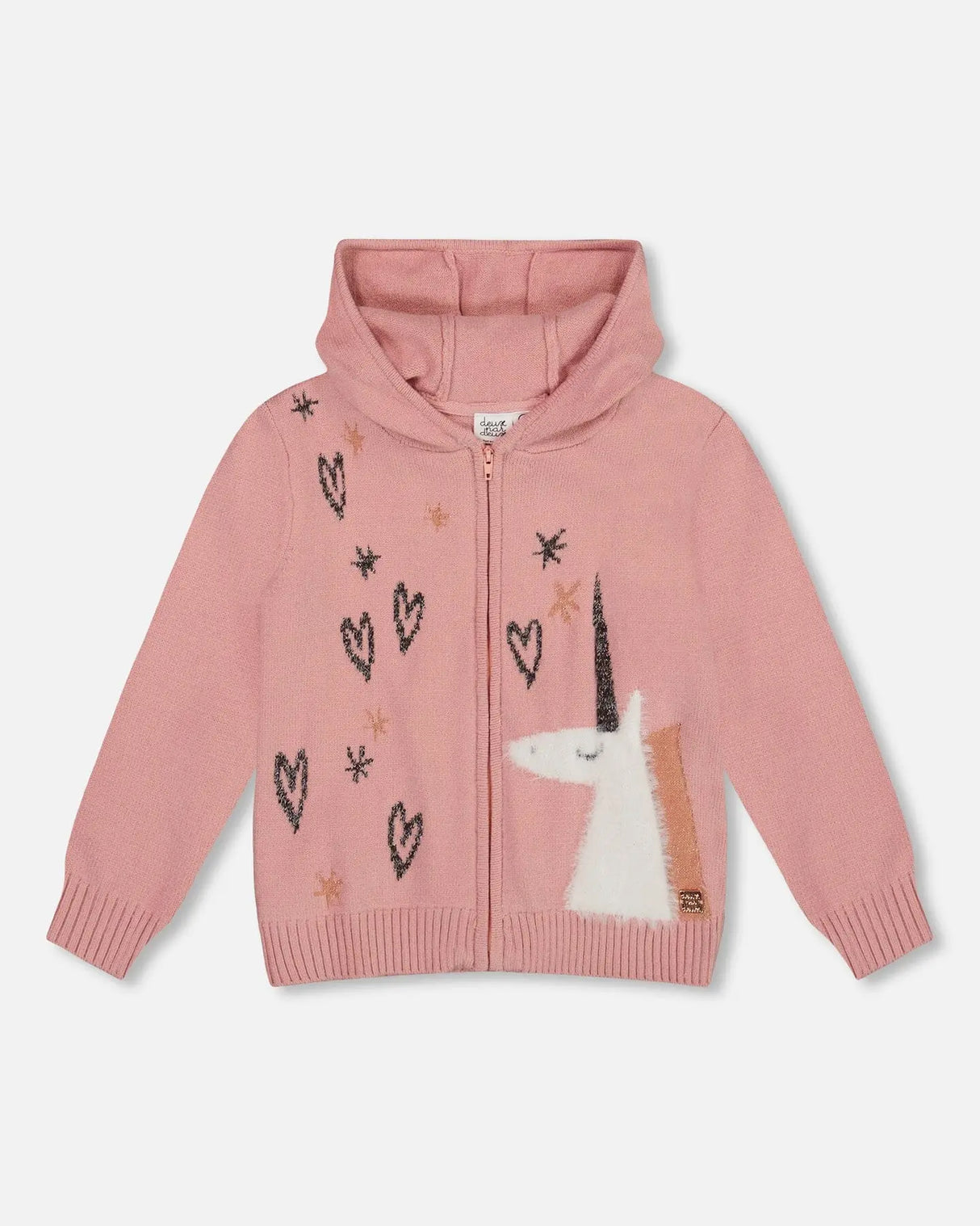 Hooded Knit Cardigan Dusty Pink With Unicorn Intarsia | Deux par Deux | Jenni Kidz
