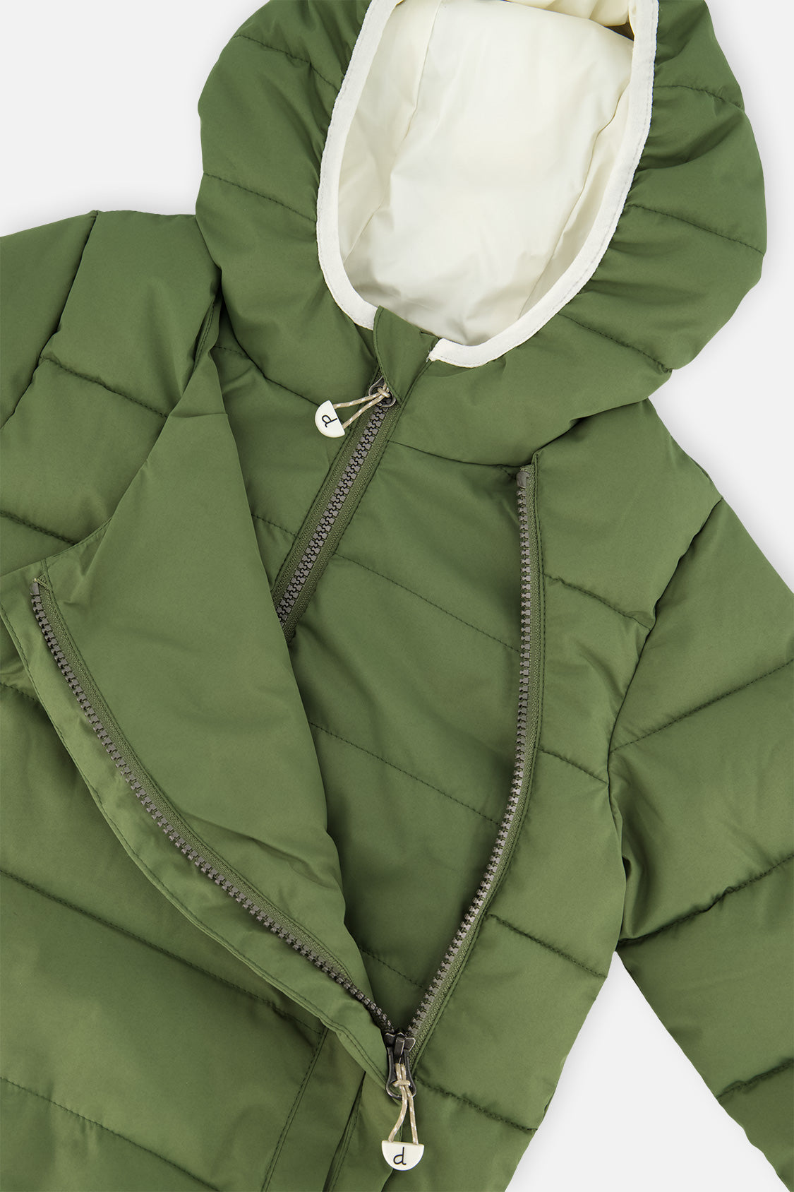 Close-up of the olive green jacket front panel unzipped for car seat use
