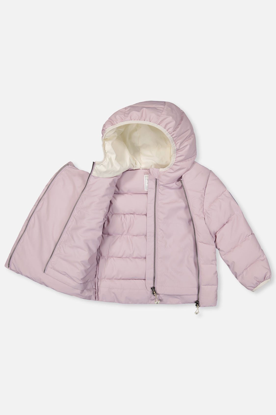 Lavender car seat jacket opened to show the inner front zipper and lining
