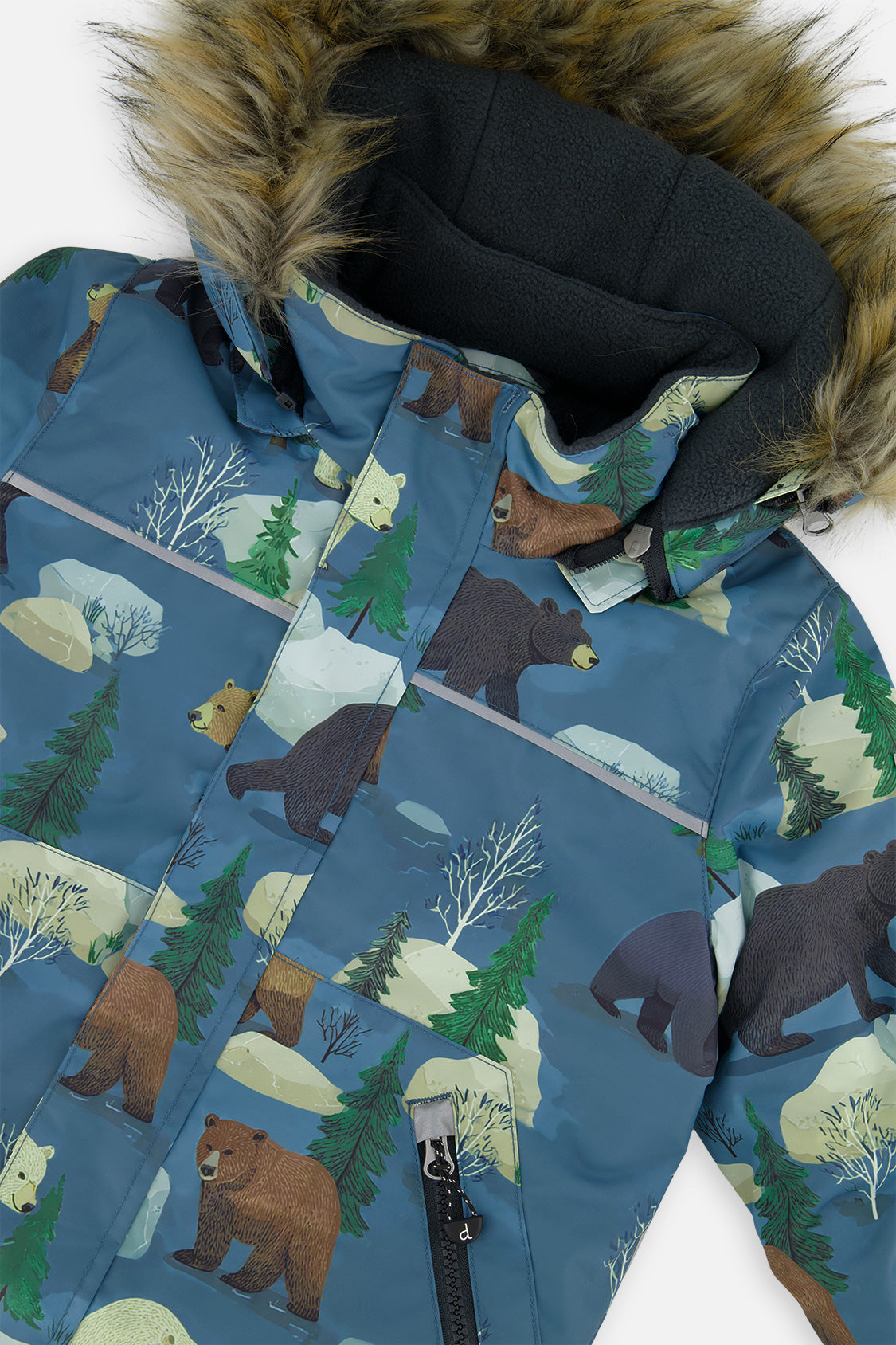 Close-up of the Deux par Deux blue bear print DISCOVER jacket collar and faux-fur hood