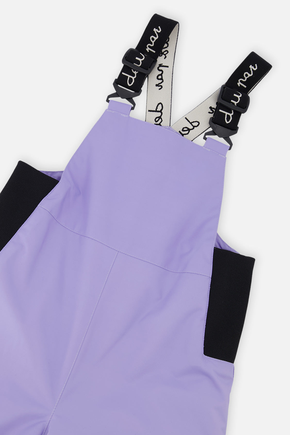 Close-up of the Deux par Deux lavender DISCOVER bib and suspenders