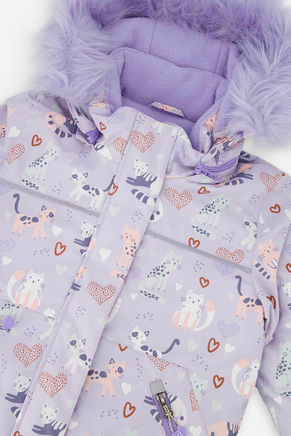 Close-up of the Deux par Deux purple cat print DISCOVER jacket with lavender faux-fur hood