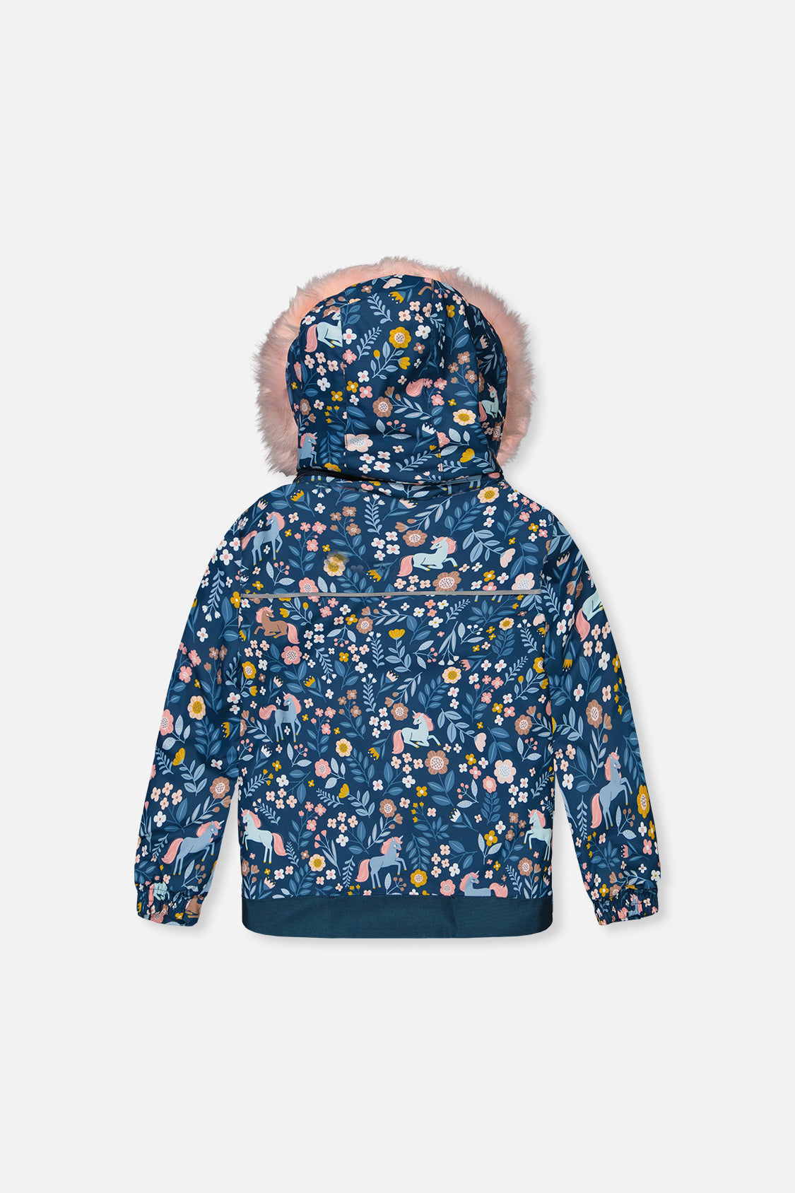Deux par Deux DISCOVER blue unicorn print jacket with pink faux-fur hood, back view