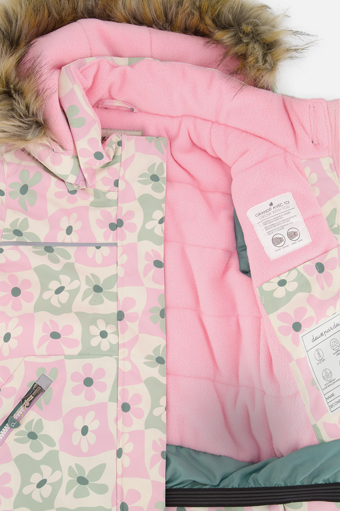 Deux par Deux retro pink print DISCOVER jacket opened to show the pink fleece lining