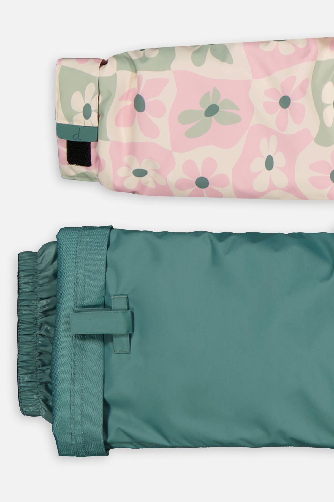 Close-up of the retro pink print DISCOVER jacket cuff and the adjustable sage green pant hem
