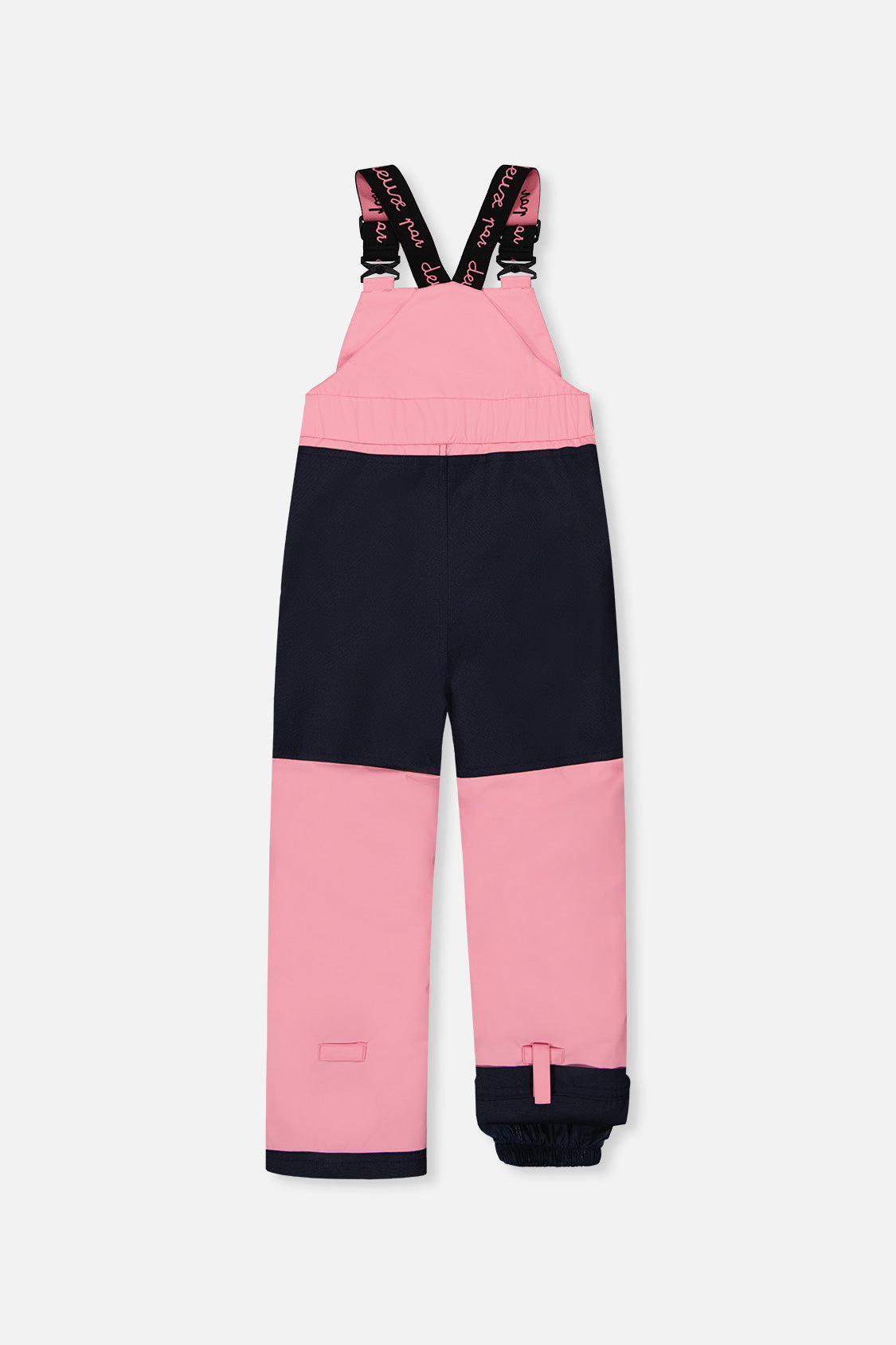 Deux par Deux DISCOVER pink bib snow pants with navy seat panel, back view