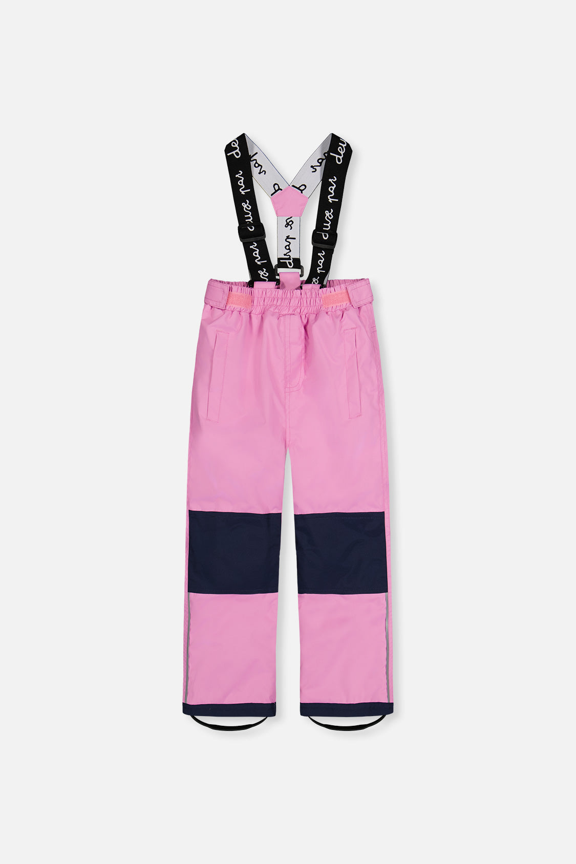 Deux par Deux pink CHILL snow pants with suspenders and navy knee panels, front view