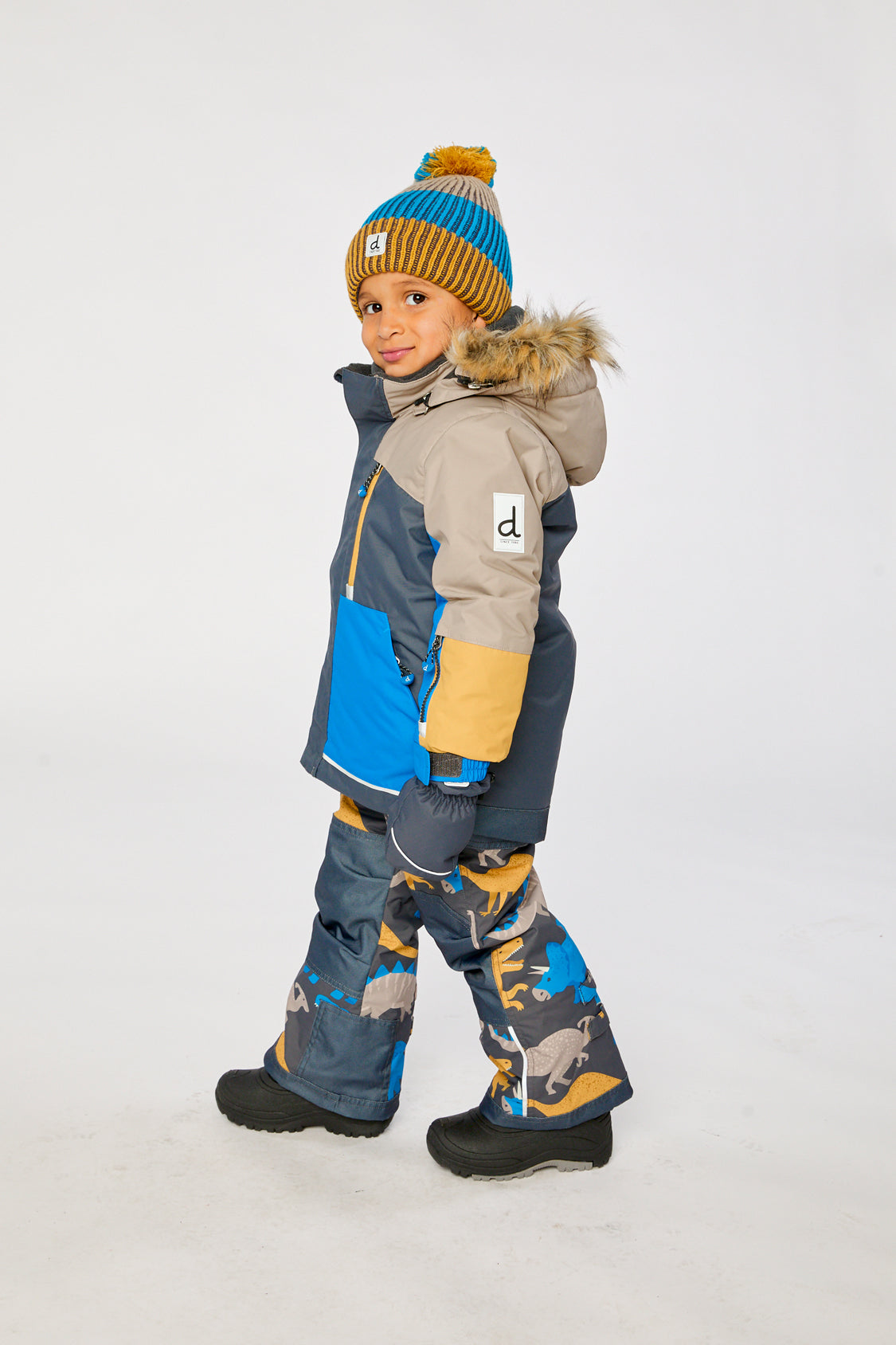 Two Piece Play Snowsuit Colorblock With Grey And Blue Dinosaur Print Pants-2