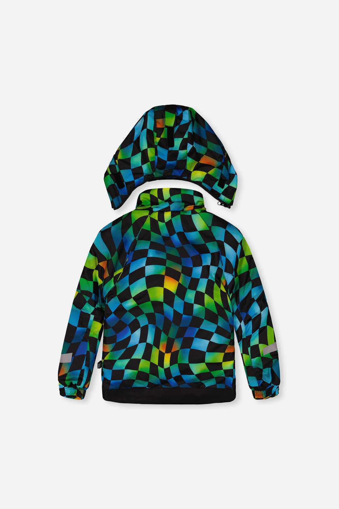 Deux par Deux PLAY green, yellow and blue checkerboard jacket with hood, back view