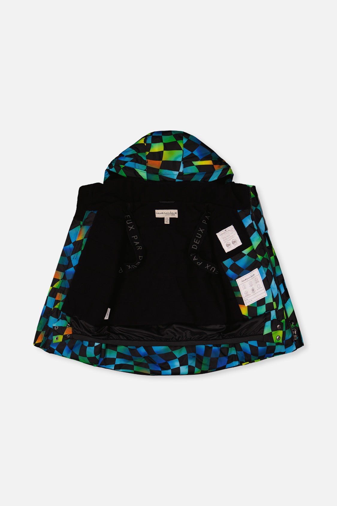 Deux par Deux PLAY checkerboard jacket opened to show the black fleece lining and inside straps