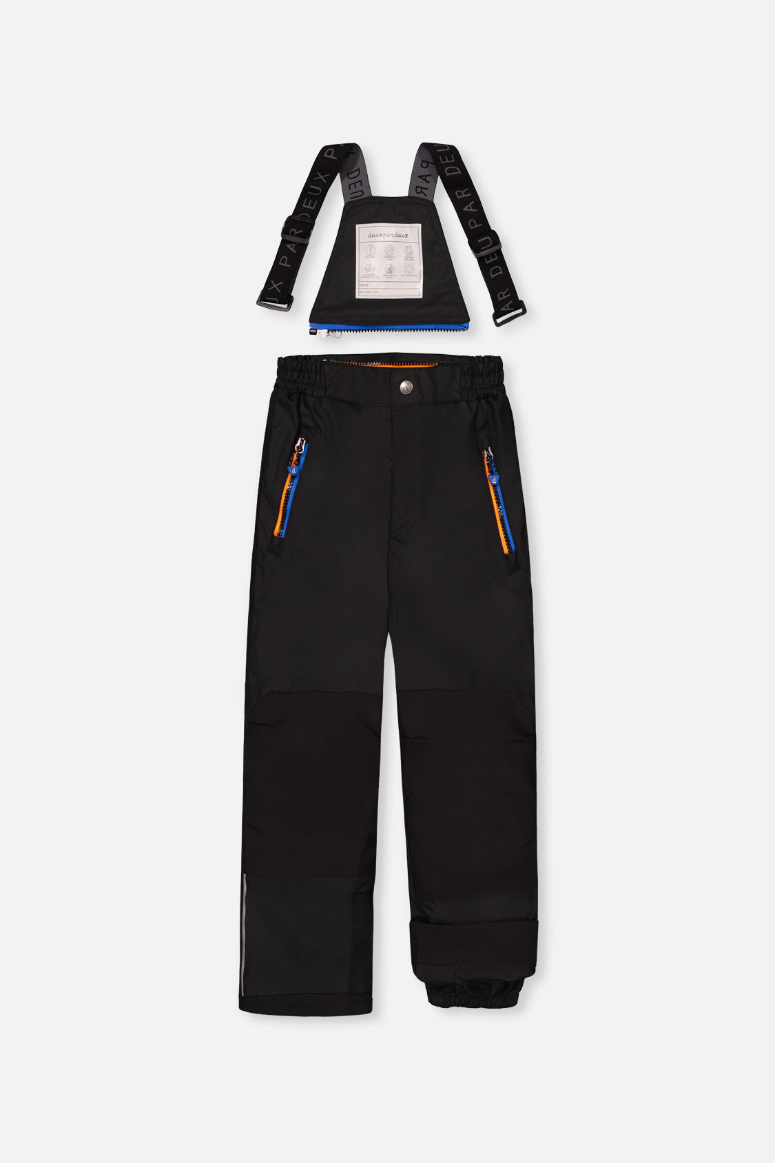 Deux par Deux boys' PLAY snowsuit, blue and orange gradient jacket with black pants, another studio view