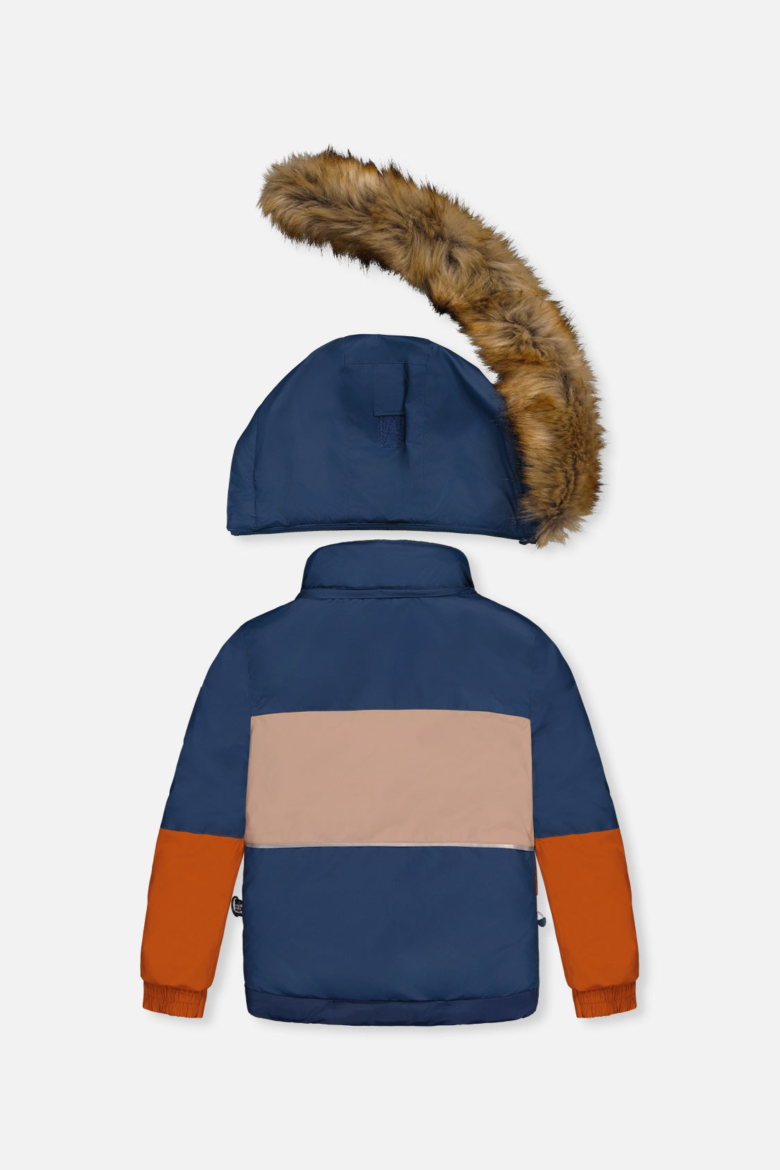 Deux par Deux boys' PLAY snowsuit with navy and rust colorblock jacket and blue bear-print pants, alternate view