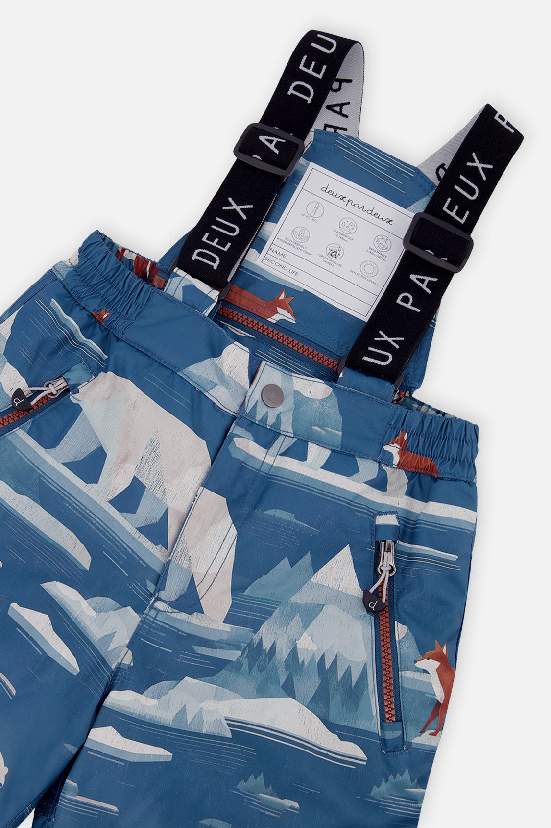 Deux par Deux boys' PLAY snowsuit with navy and rust colorblock jacket and blue bear-print pants, further studio view