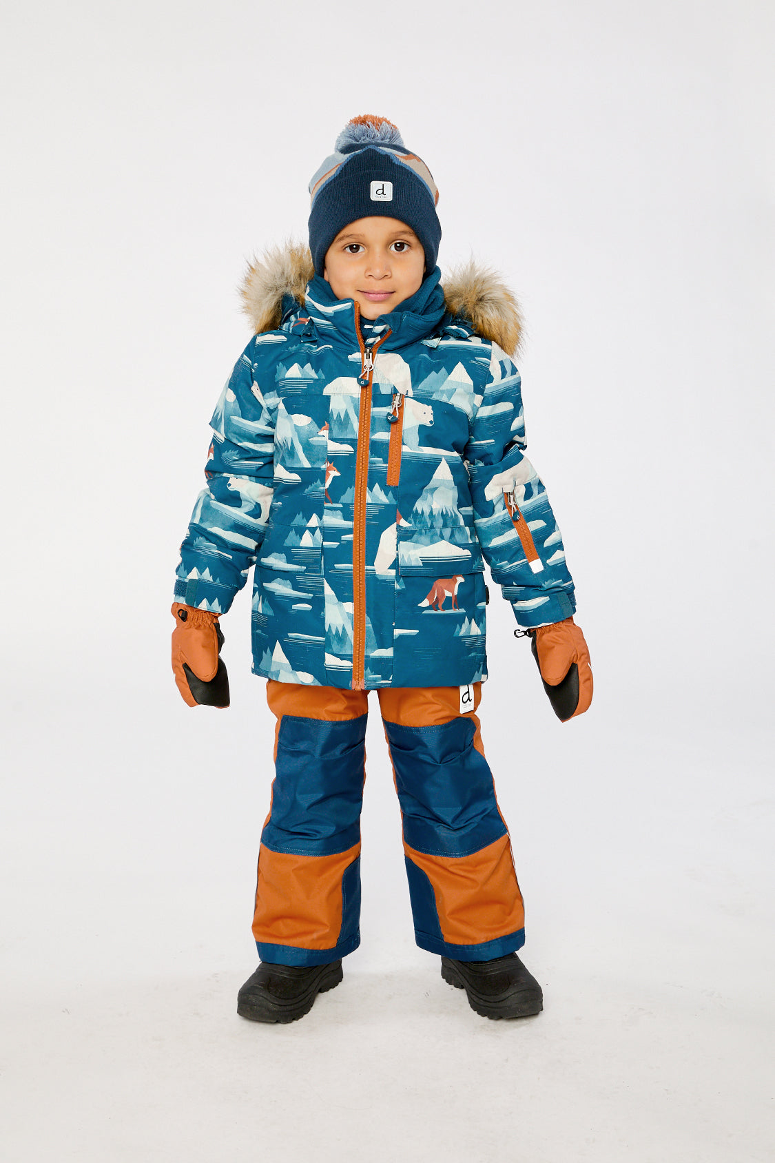 Two Piece Play Snowsuit Blue Bear Print With Rust Pants-1