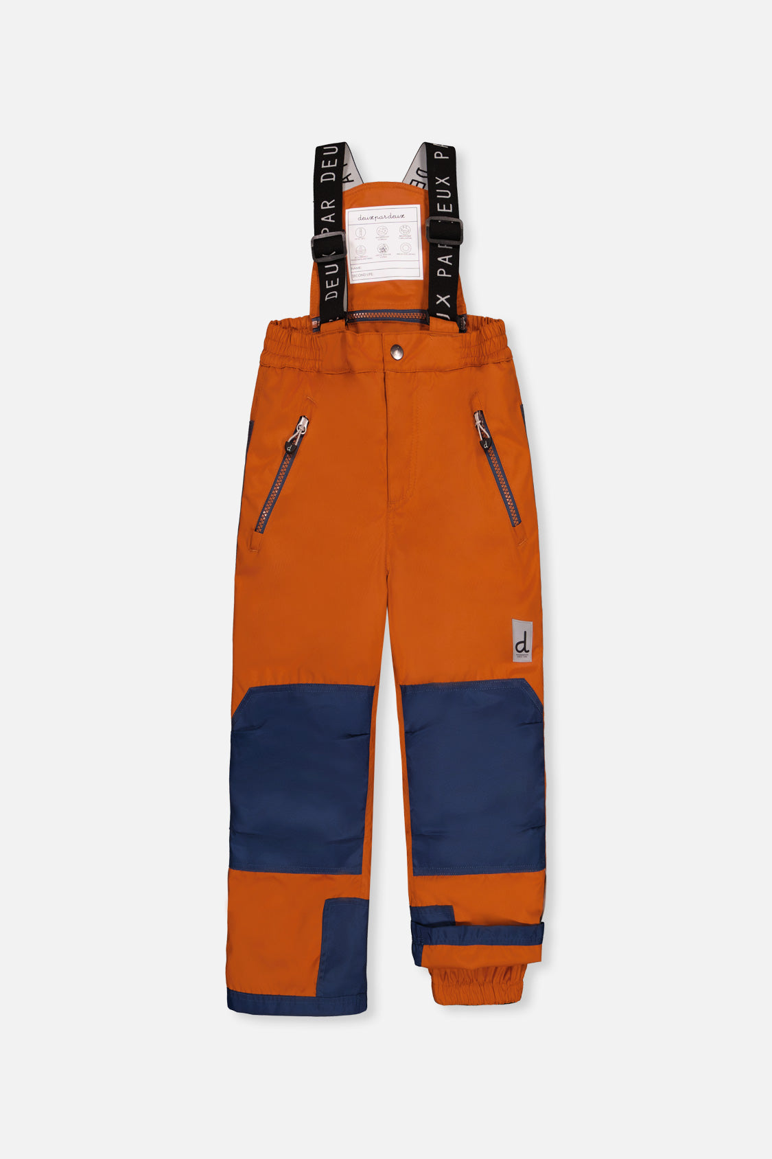 Deux par Deux boys' PLAY snowsuit with blue bear-print jacket and rust snow pants, another studio view