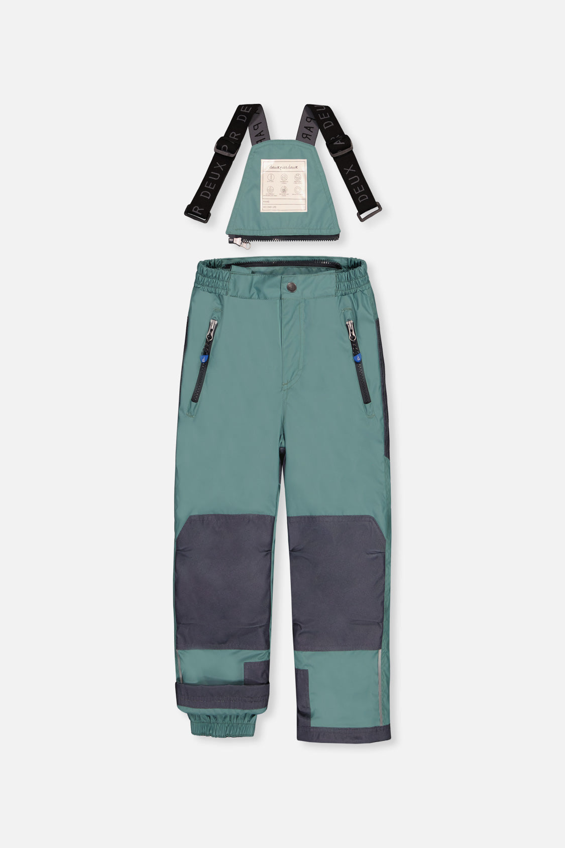 Deux par Deux PLAY green snow pants with dark grey knee panels and suspenders, front view