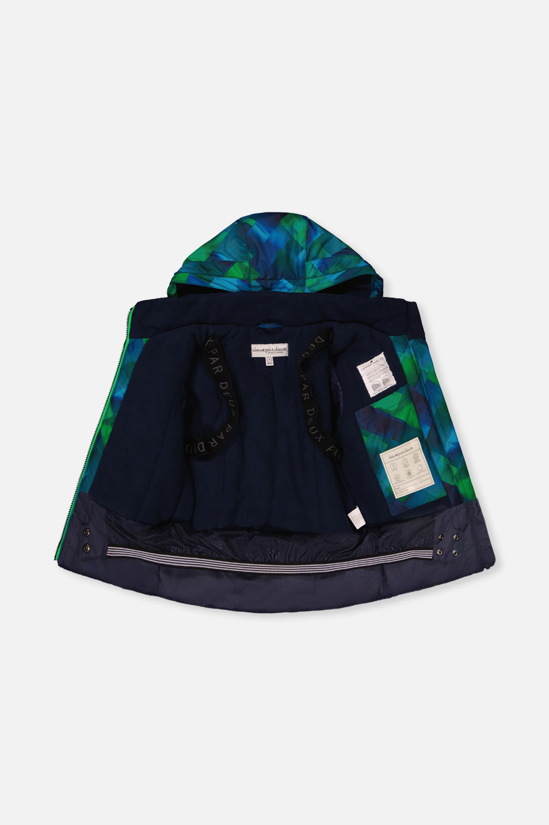 Deux par Deux blue and green checkered PLAY jacket opened to show the navy lining and inside straps