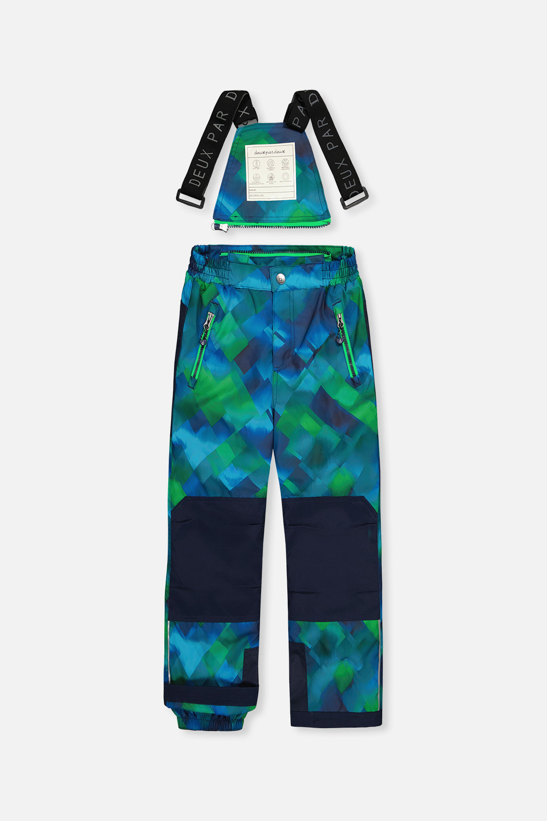 Deux par Deux PLAY blue and green checkered snow pants with navy knee panels, front view