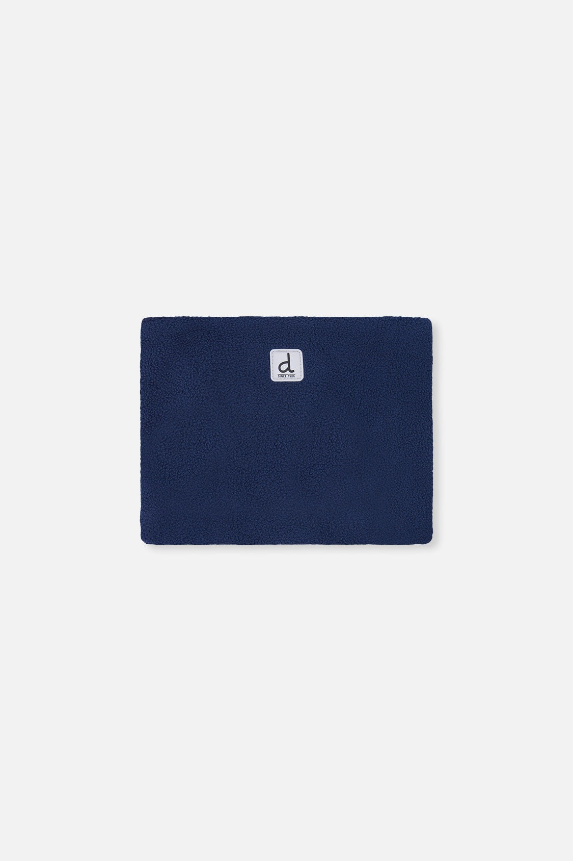Navy polar fleece neckwarmer included with the Deux par Deux checkered PLAY snowsuit