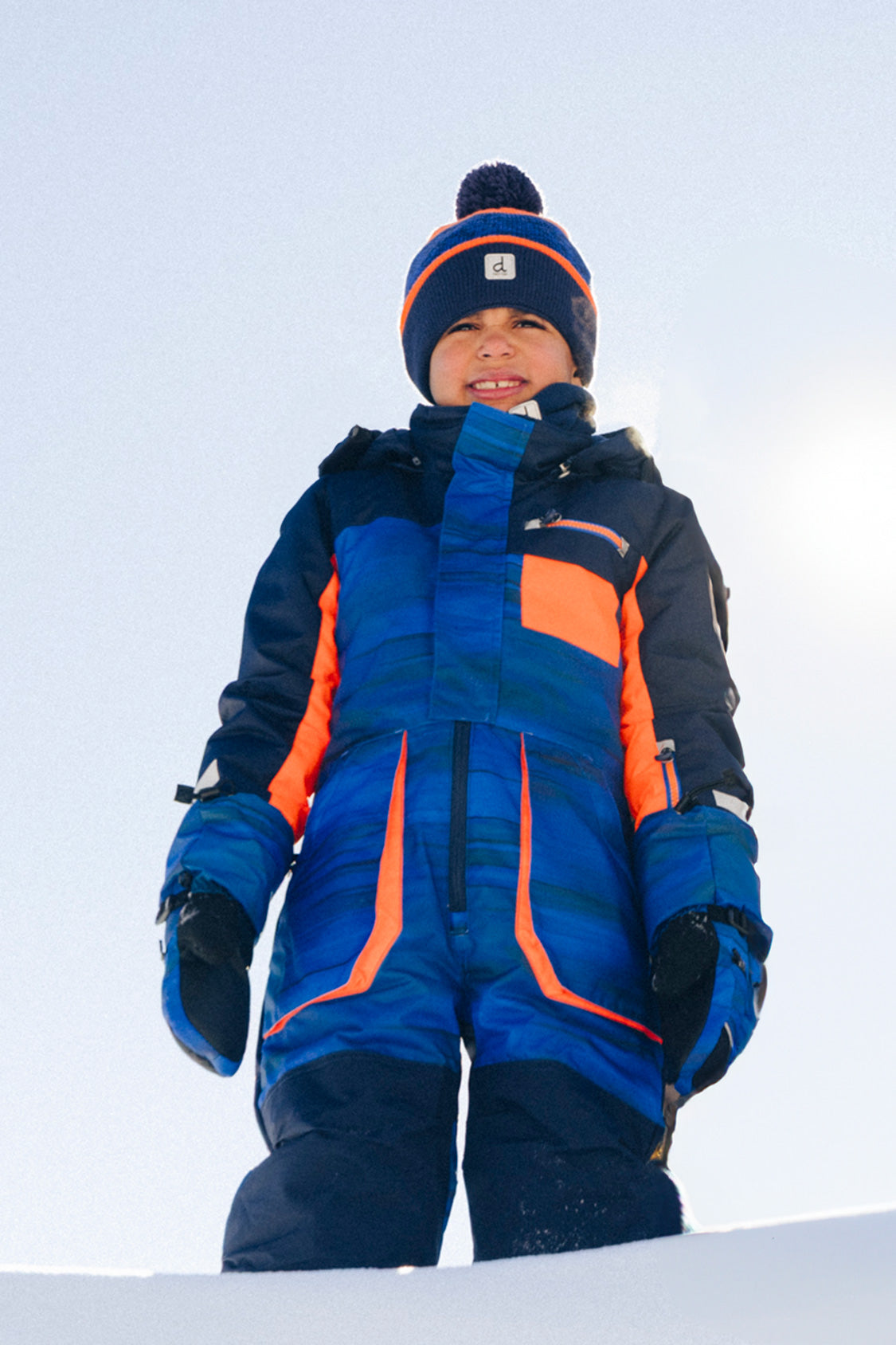 Kids One Piece Play Snowsuit Blue With Black Stripes-1
