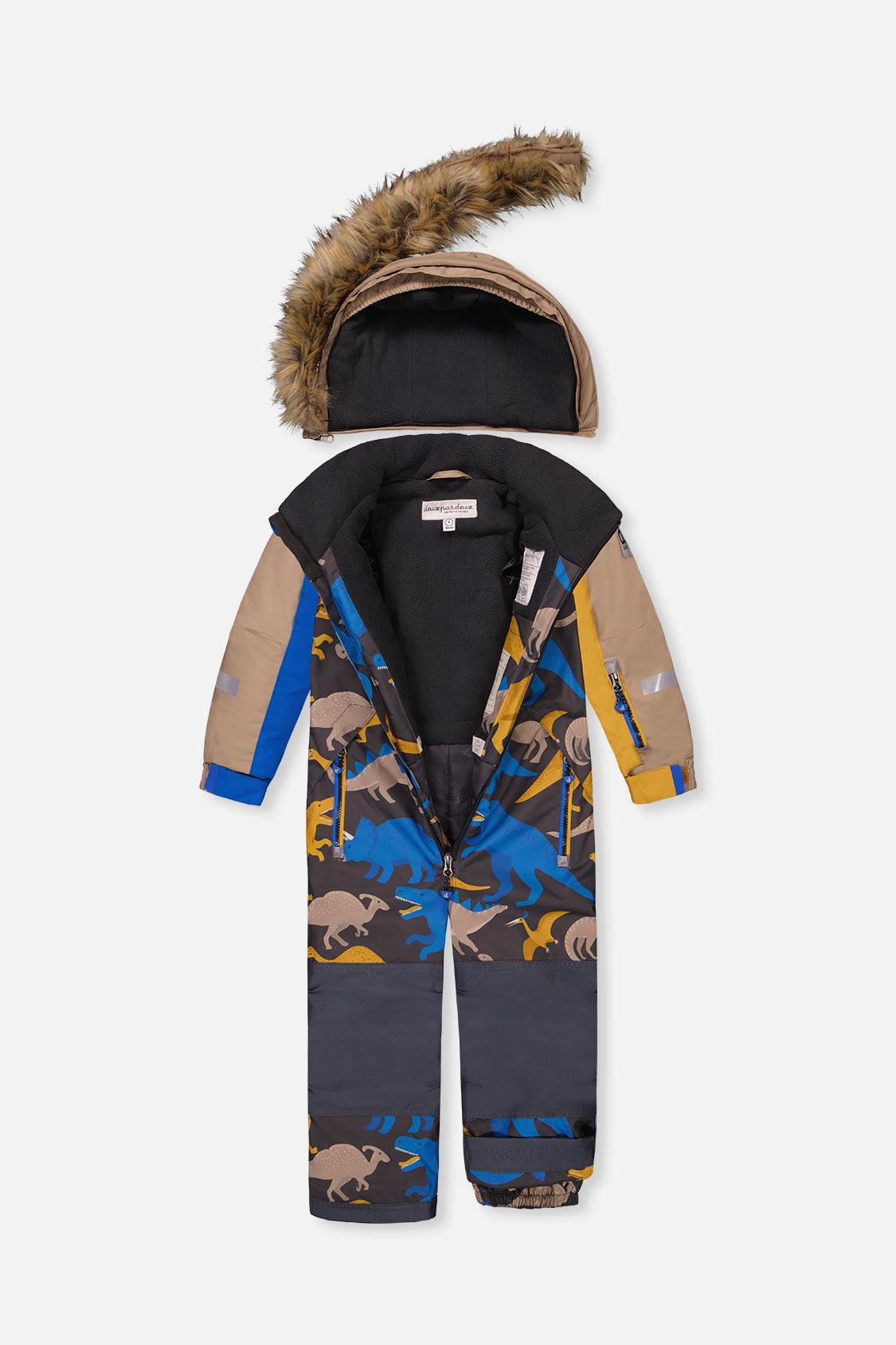 Deux par Deux dinosaur PLAY one-piece snowsuit opened to show the black fleece lining and faux-fur hood
