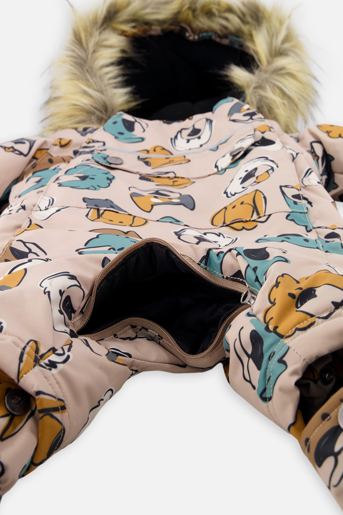 Deux par Deux baby boys' car-seat snowsuit, beige dog print, another studio view