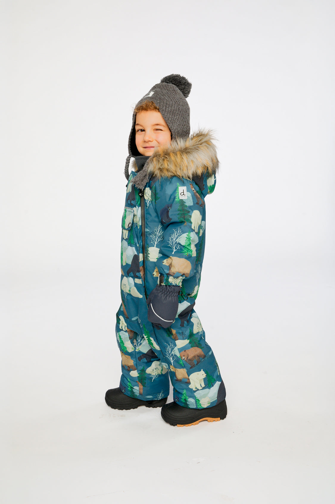 Baby One Piece Snowsuit Adapted For Car Seats Blue Bear Print-2