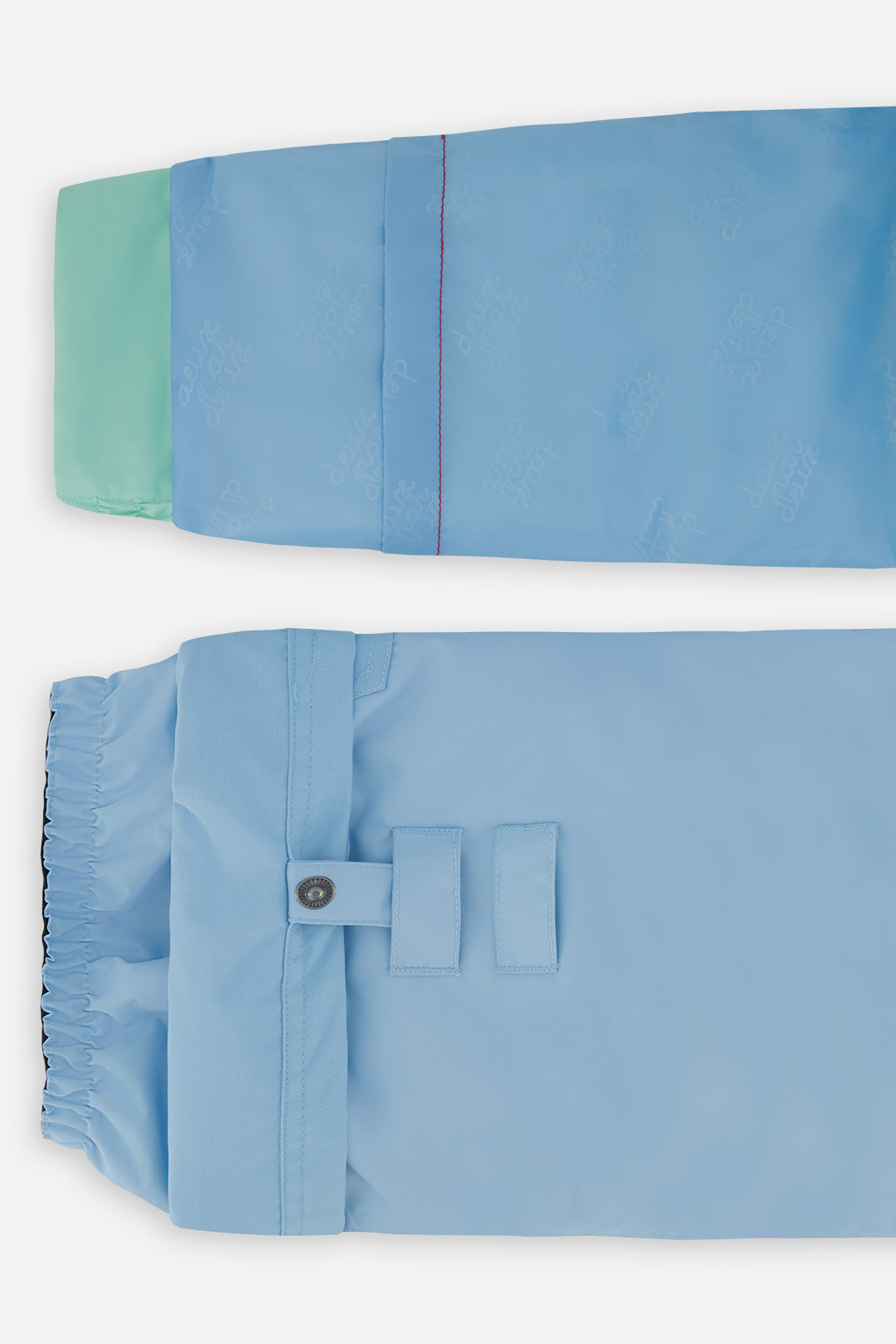 Deux par Deux girls PLAY snowsuit, mint green and light blue – sleeve and pant hem extensions for growing room